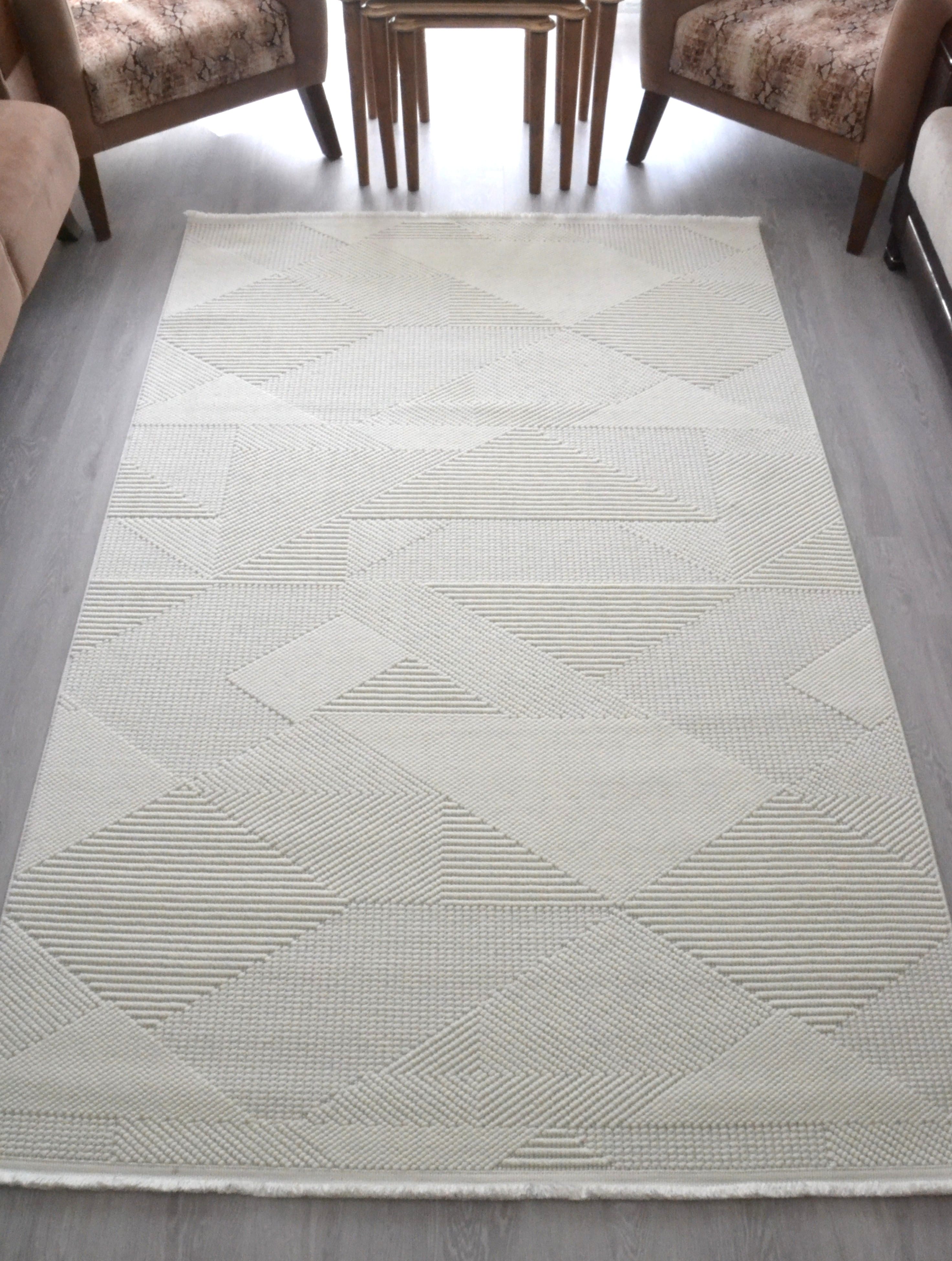 Beyaz Pamuklu Geometrik Desenli Bukle Oturma Odası  & Antre & Mutfak Halısı - 150 x 230 cm - 