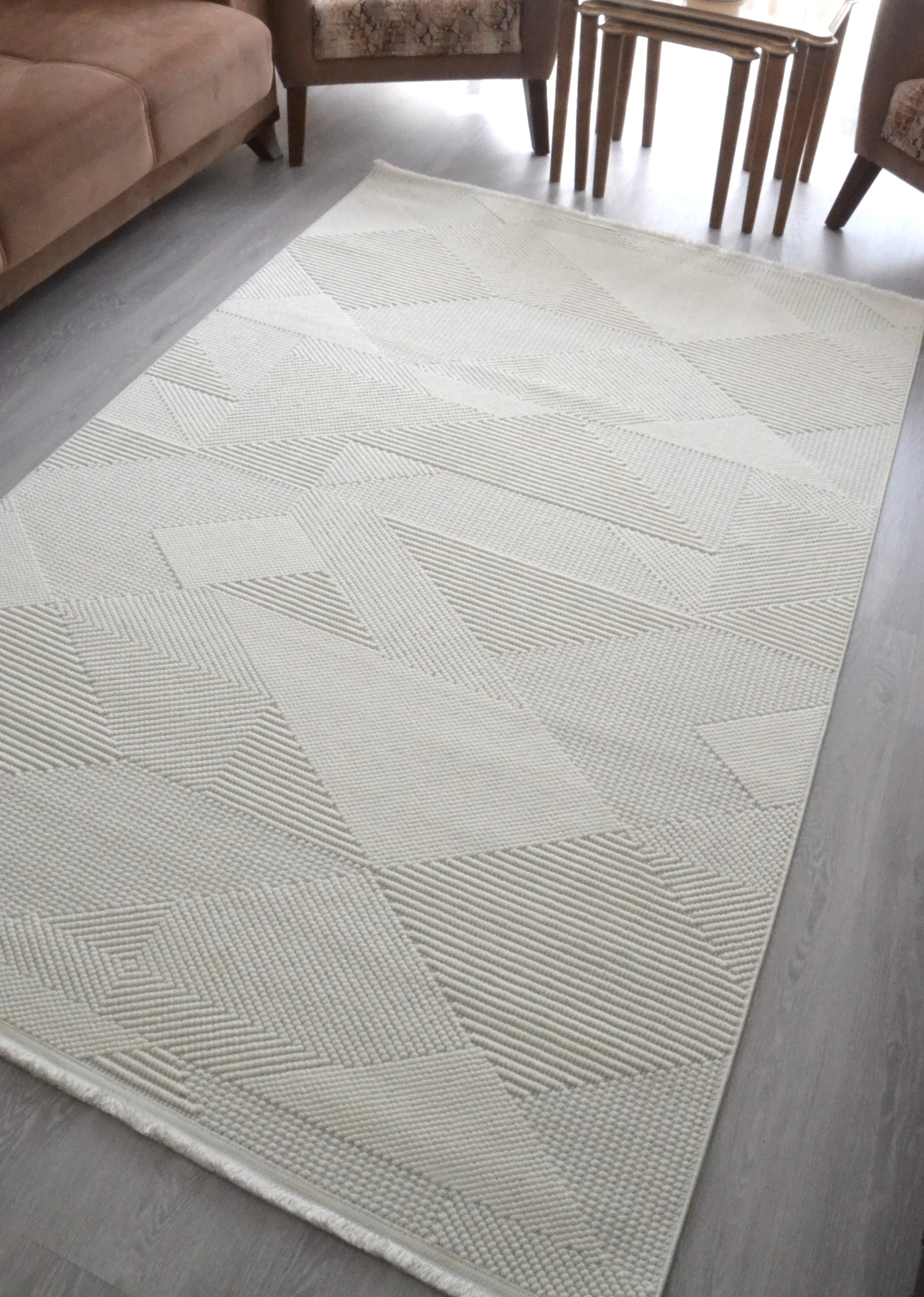 Beyaz Pamuklu Geometrik Desenli Bukle Oturma Odası  & Antre & Mutfak Halısı - 150 x 230 cm - 
