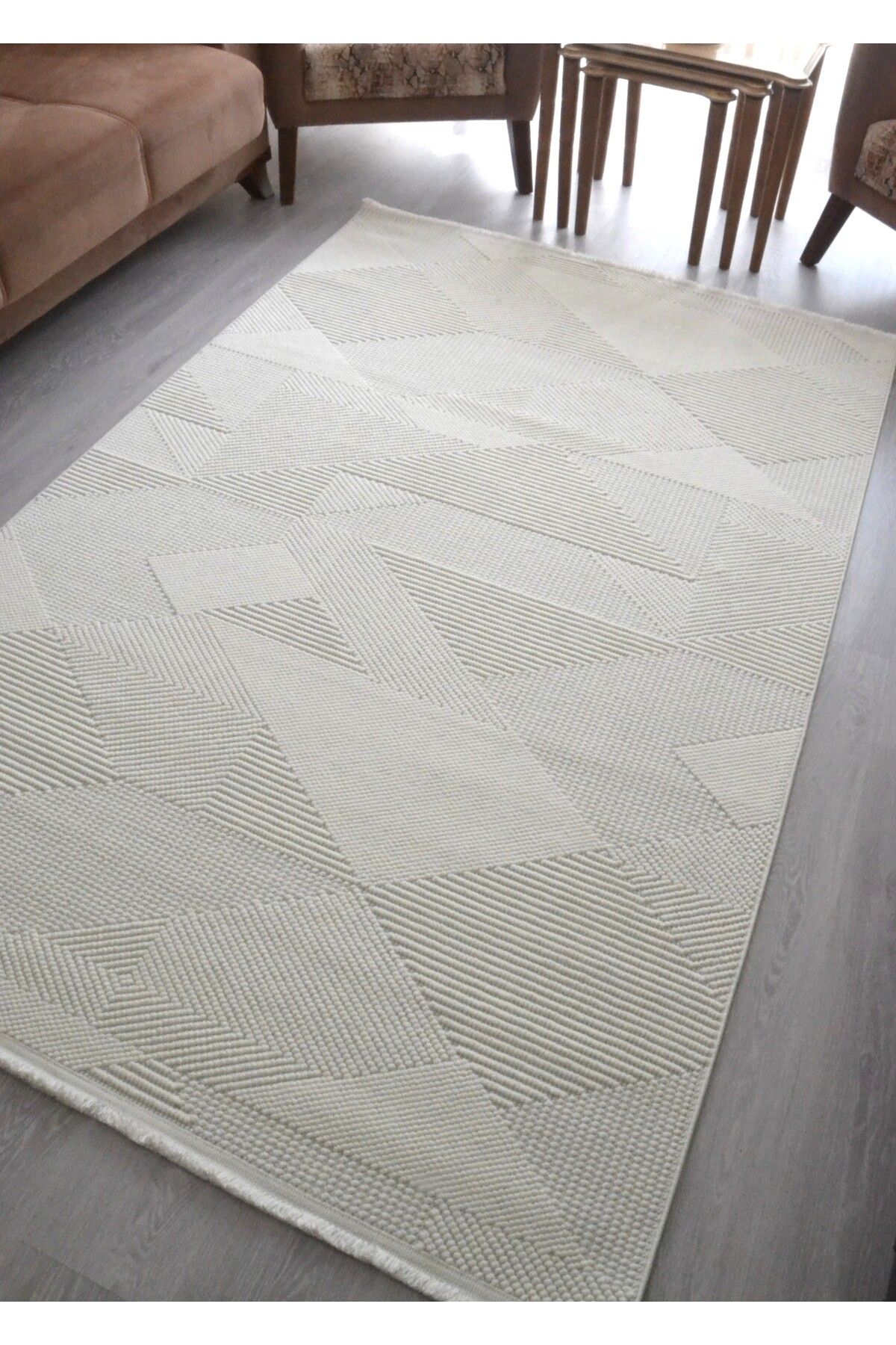 Bukle Dokulu Iskandinav Halı Beyaz Modern Geometrik Desen Yumuşak Taban