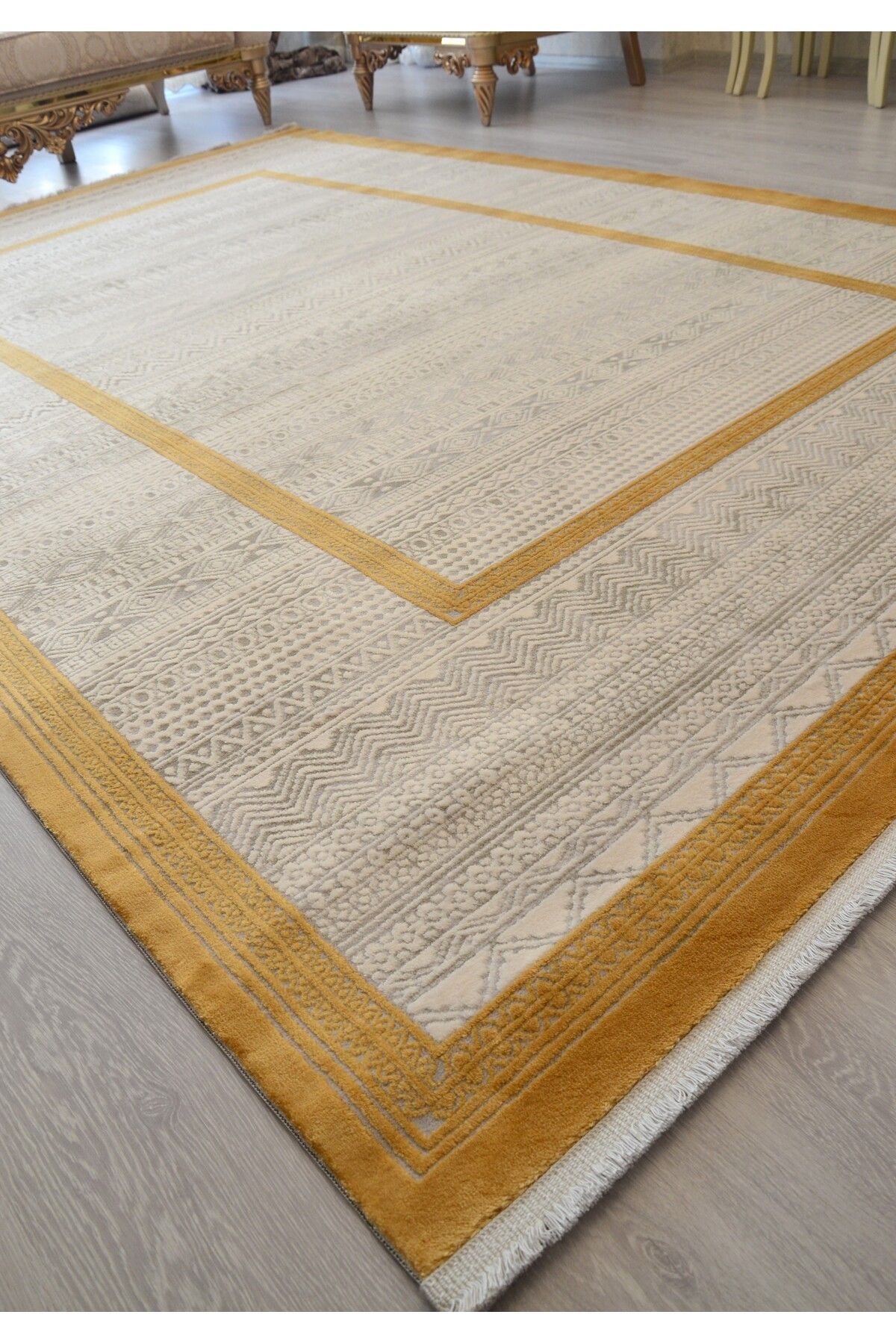 Modern Akrilik Halı 200x290 - Kilim Desenli Golden Çizgili Salon ve Oturma Odası Halısı