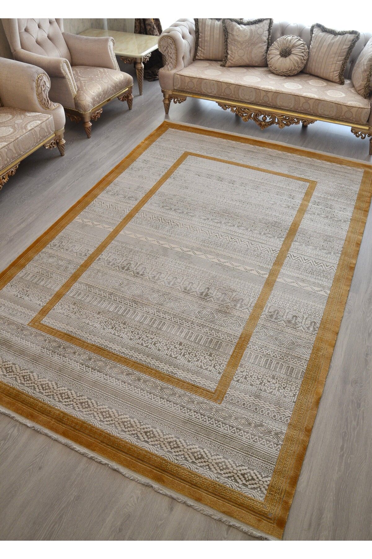 Modern Akrilik Halı 200x290 - Kilim Desenli Golden Çizgili Salon ve Oturma Odası Halısı