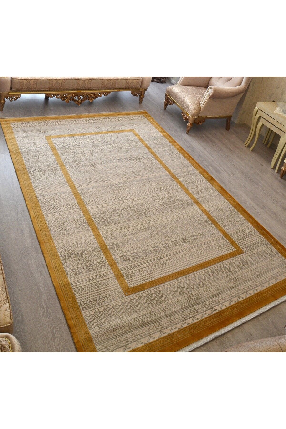 Modern Akrilik Halı 200x290 - Kilim Desenli Golden Çizgili Salon ve Oturma Odası Halısı