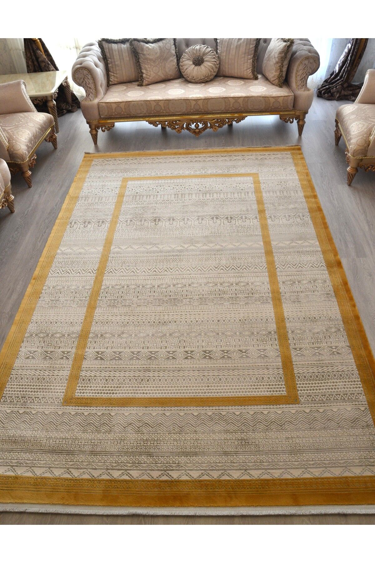Modern Akrilik Halı 200x290 - Kilim Desenli Golden Çizgili Salon ve Oturma Odası Halısı