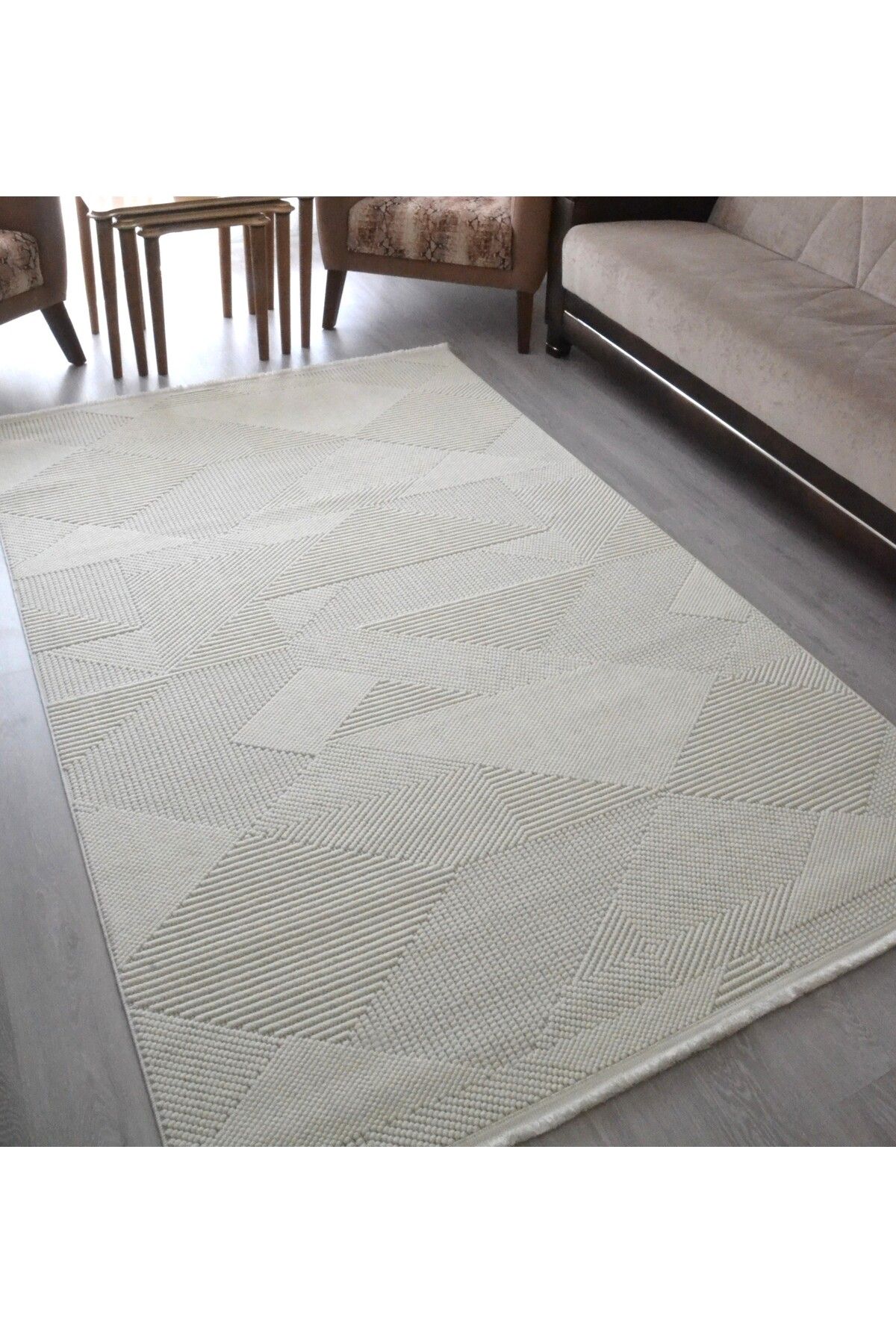 Bukle Dokulu Iskandinav Halı Beyaz Modern Geometrik Desen Yumuşak Taban