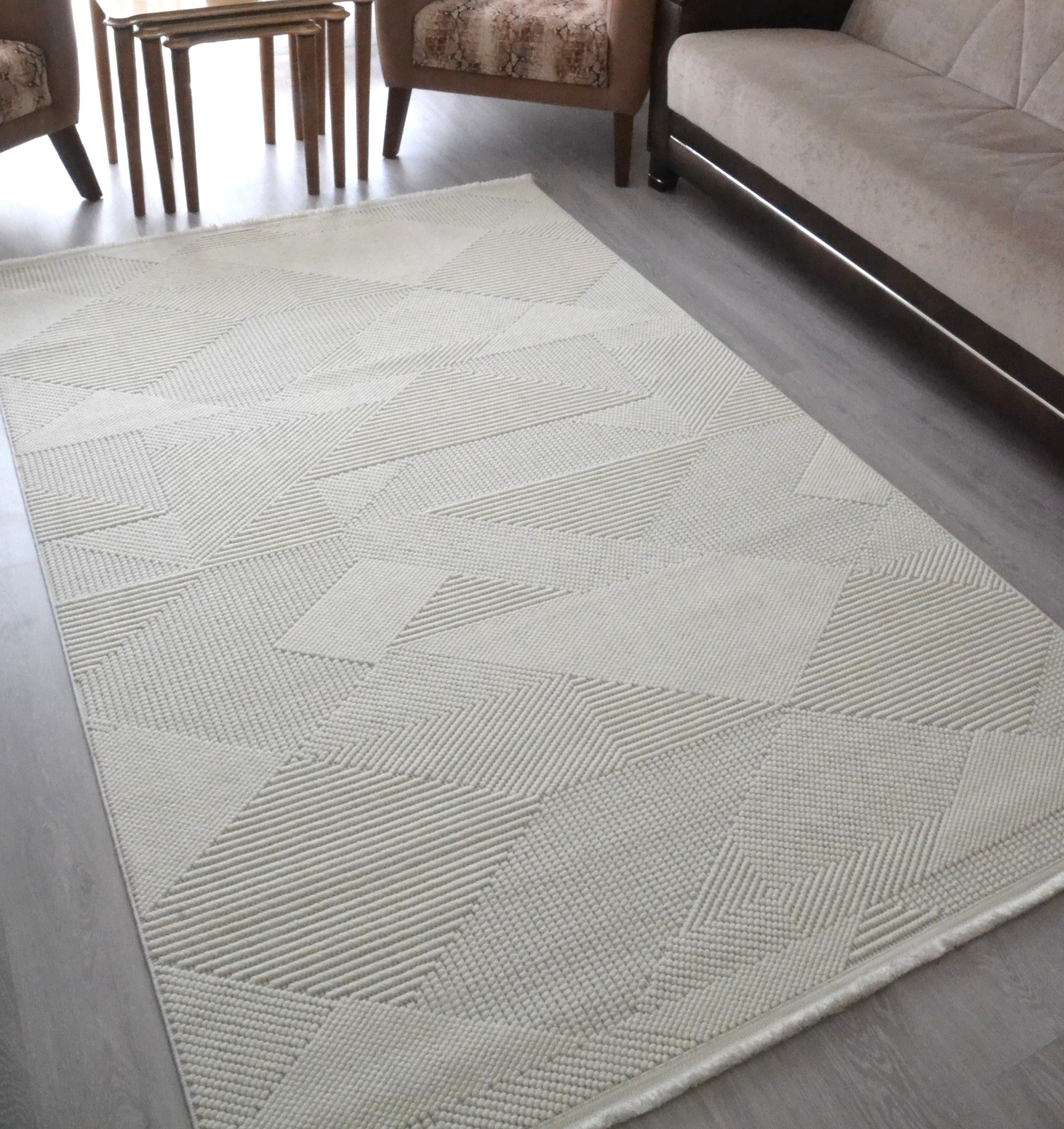 Beyaz Pamuklu Geometrik Desenli Bukle Oturma Odası  & Antre & Mutfak Halısı - 150 x 230 cm - 