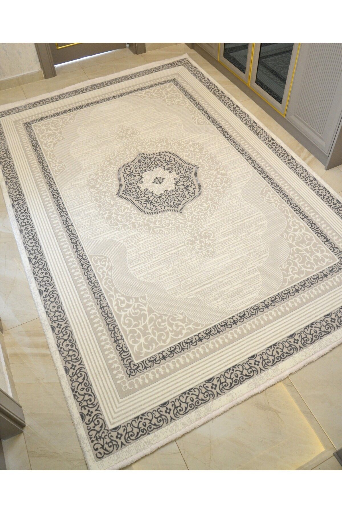 Modern Klasik Gri Beyaz Salon & Oturma Odası Halısı 200 x 290 Cm
