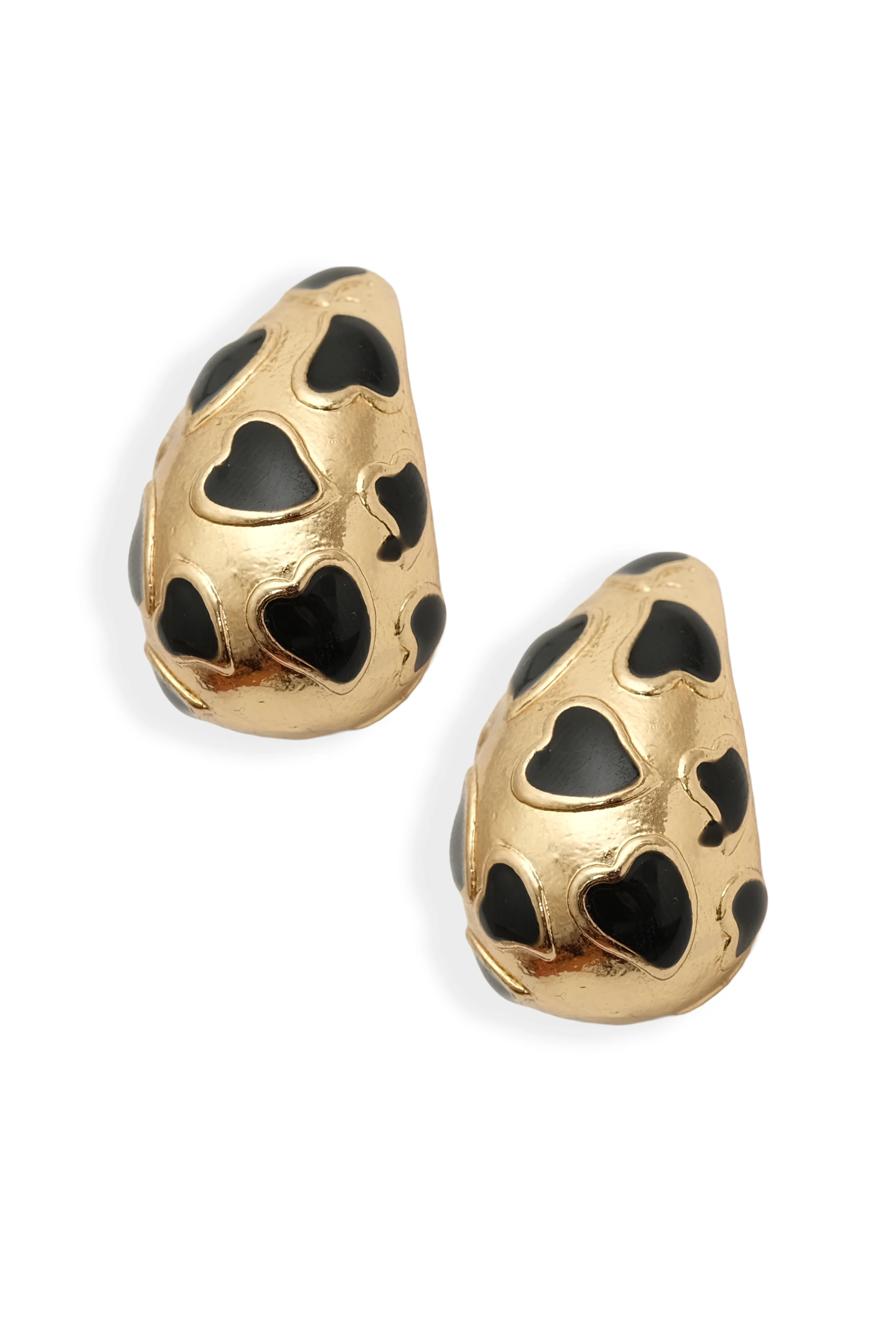 Altın Kaplama Siyah Kalp Mine Detaylı Damla Küpe - Premium Tasarım