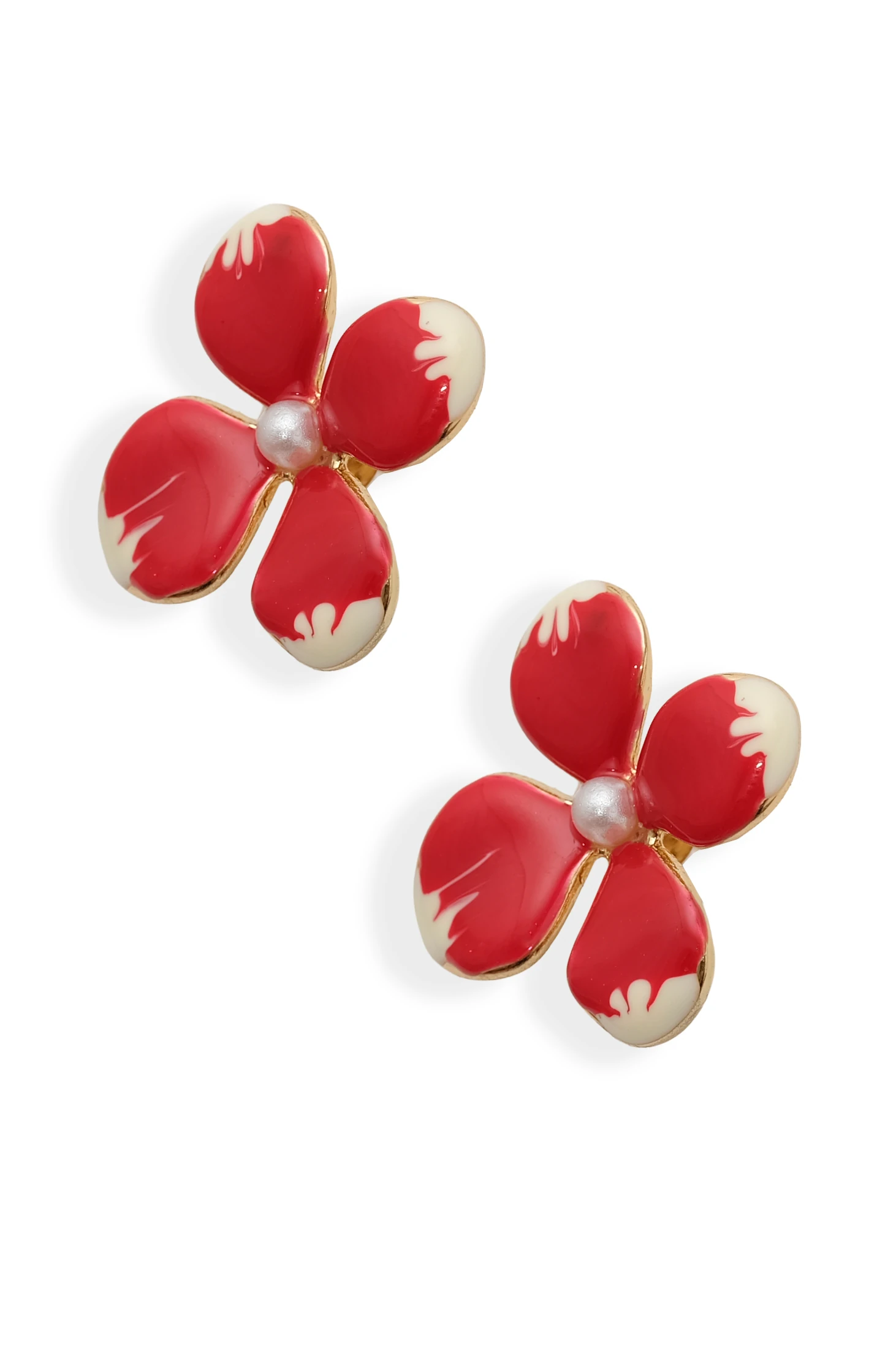 Kamelya Zarafeti Kırmızı Emaye Çiçek Küpe | İnci Detaylı Klasik Tasarım