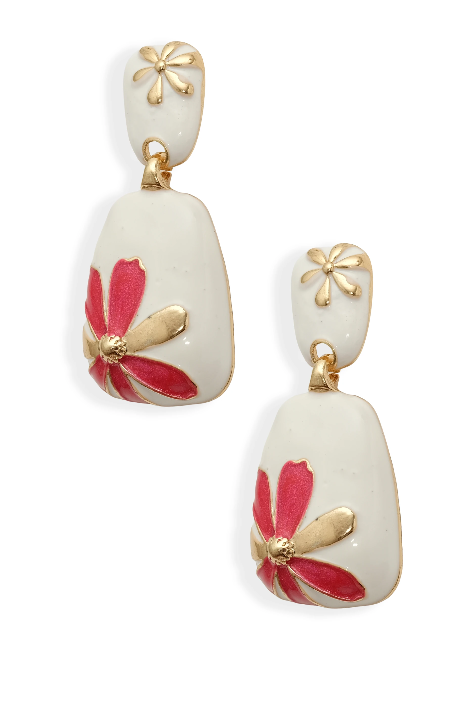 Yılbaşı Özel: Kırmızı Çiçek Detaylı Beyaz Mine Altın Kaplama Küpe