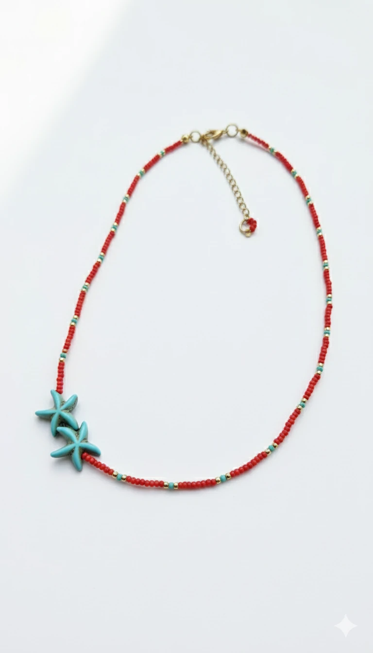 Mercan Boncuklu ve Turkuaz Denizyıldızlı Yaz Kolyesi | El Yapımı Takı