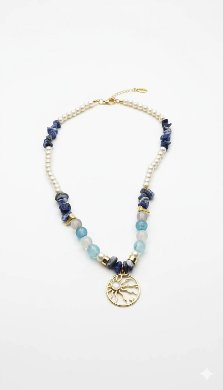 Aurora El Yapımı Kolye: Güneş Motifli Sedef, Doğal İnci ve Turkuaz Taşlar
