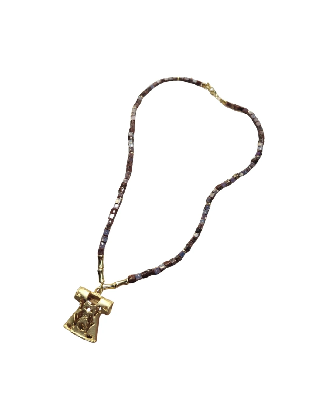 Kaftan Antik Figürlü Kahverengi Kristal Boncuklu Altın Kaplama Kolye