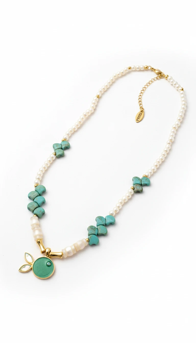 AQUA Serisi Doğal İnci, Turkuaz ve Balık Figürlü El İşçiliği Kolye