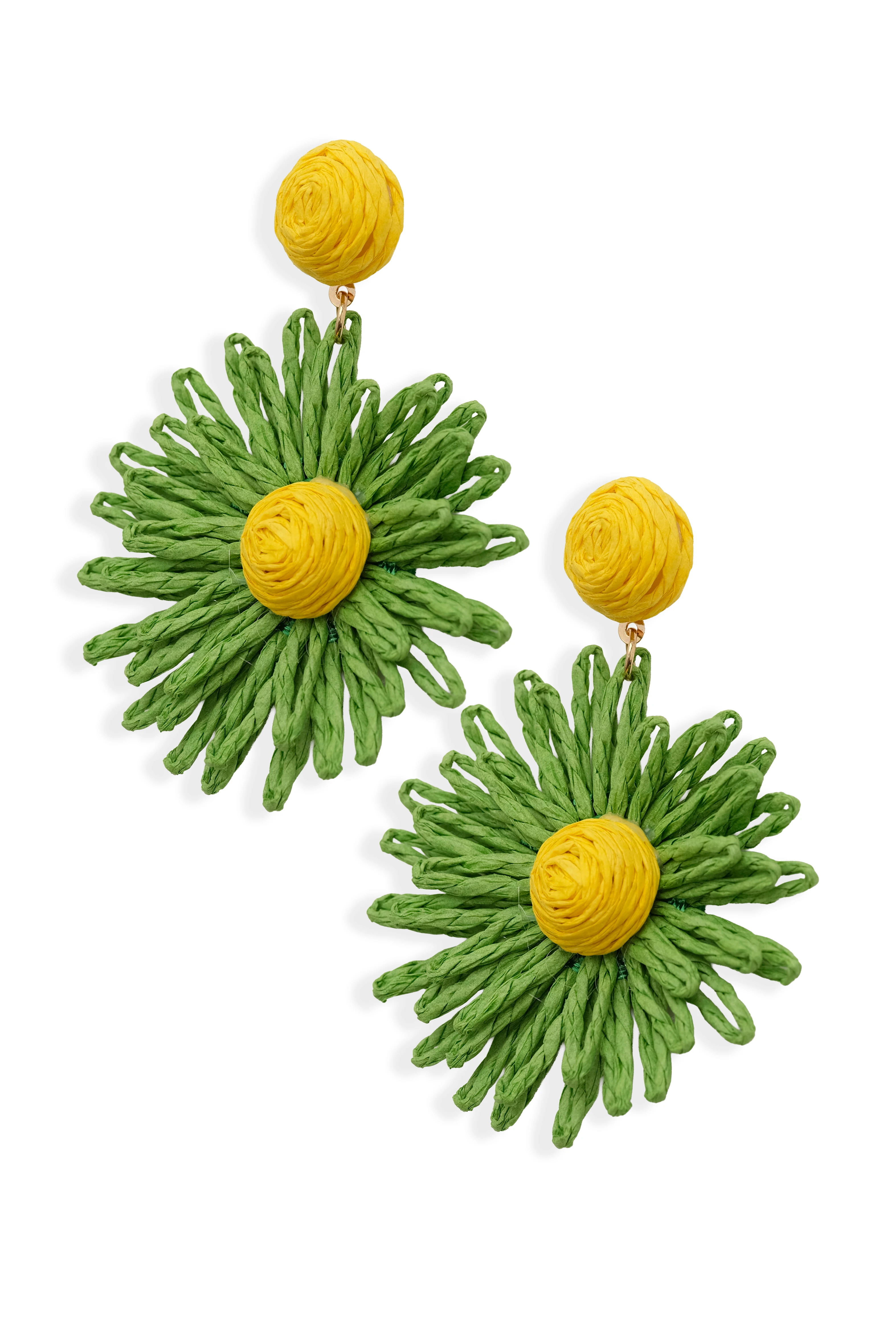 Tropical Papatya Hasır Küpe  Yeşil ve Sarı Rafya Büyük Boy Papatya Küpe - Yazlık Statement Hasır Küpe