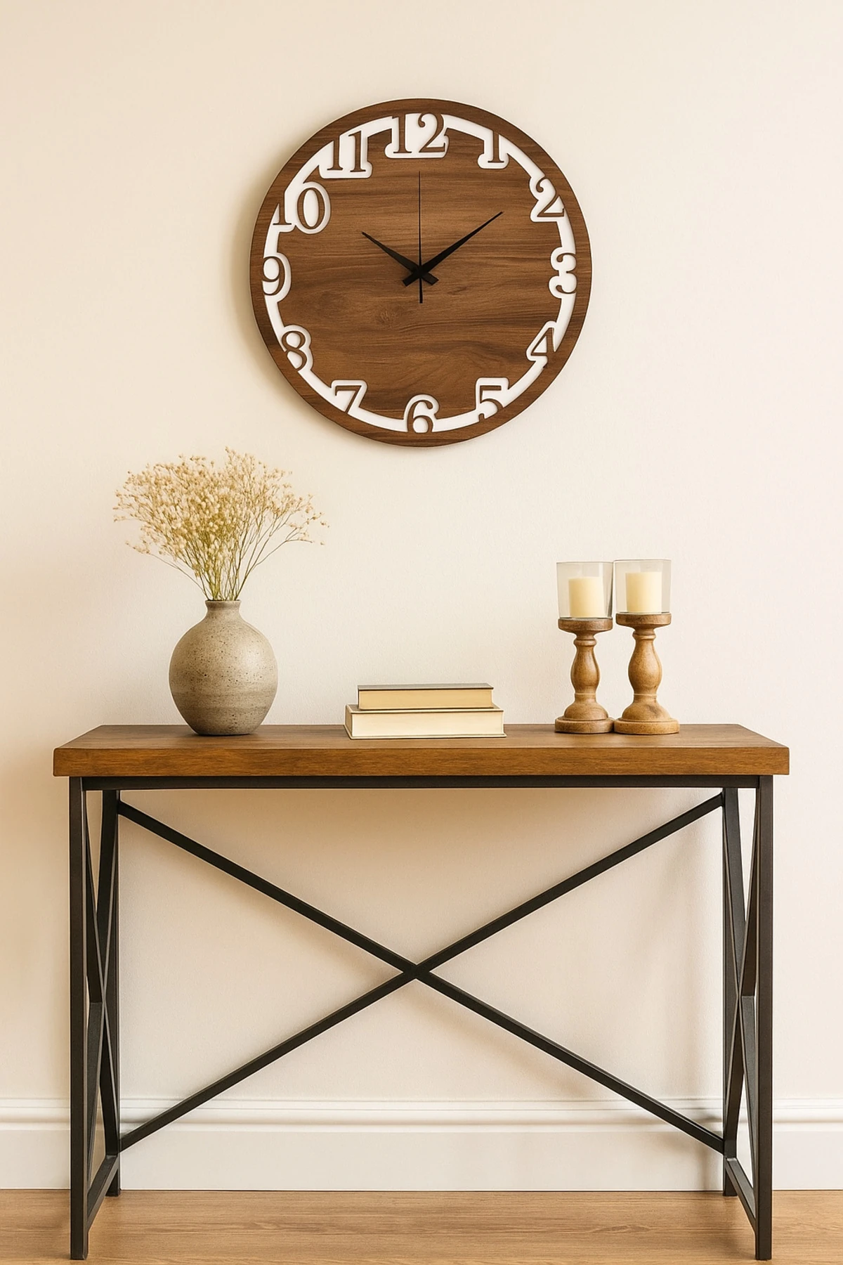 Dekoratif Ahşap Duvar Saati – 43 cm, Modern Salon Saati, Sessiz Mekanizma, Şık ve Dayanıklı Tasarım