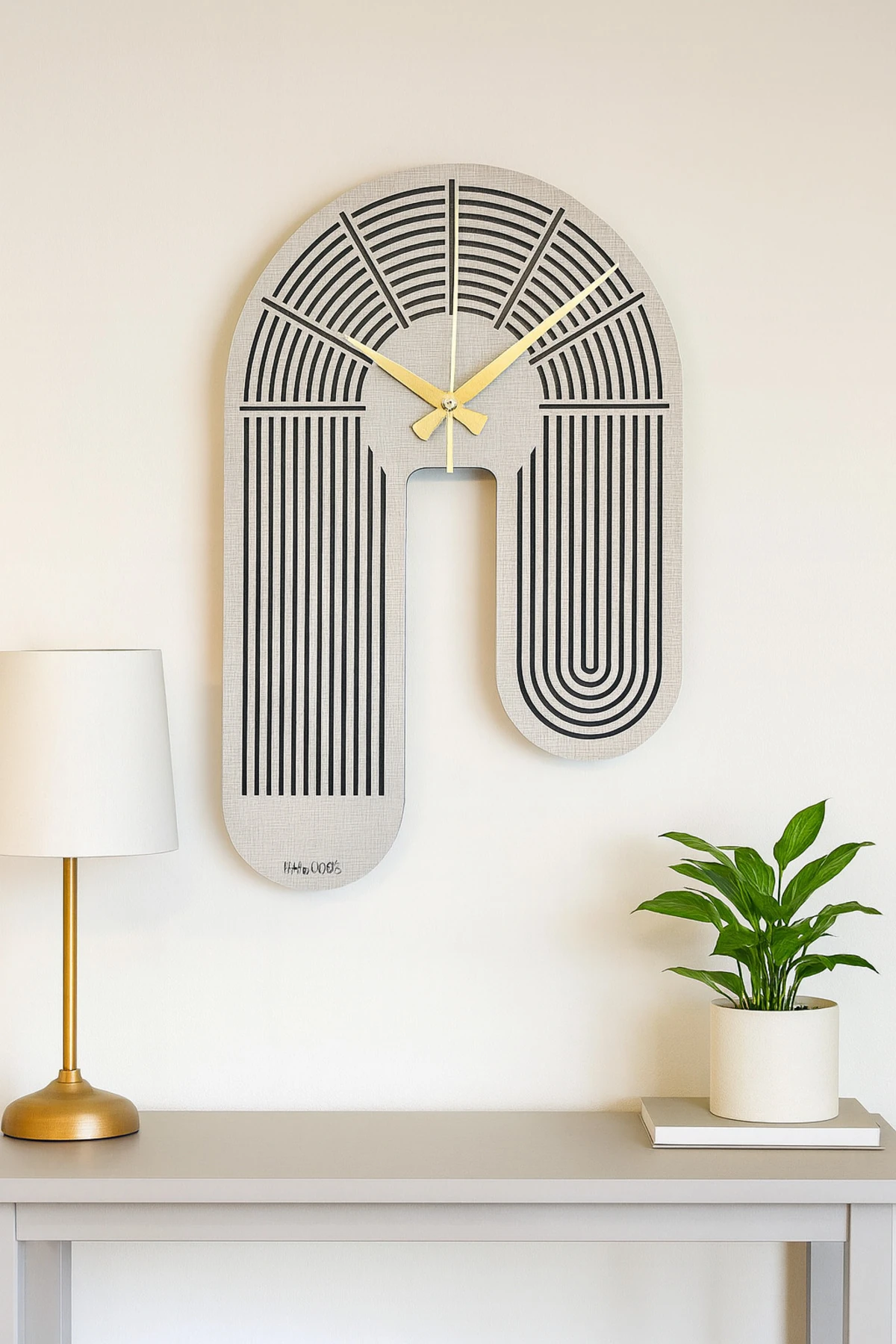 Modern Geometrik Duvar Saati - Özel Tasarım Ahşap Desenli (45x29 cm)