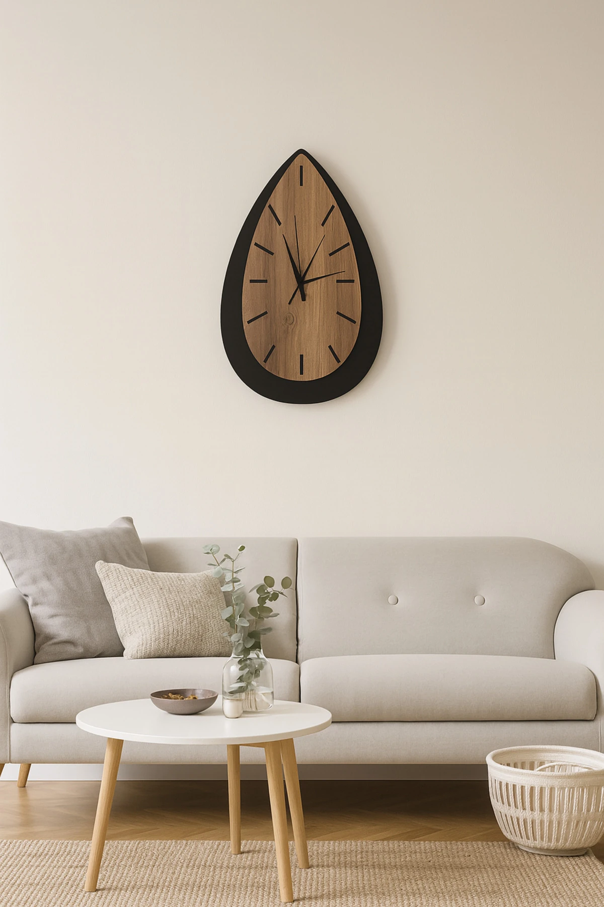 Dekoratif Damla Tasarımlı Duvar Saati – Ahşap & Siyah Modern 45 cm