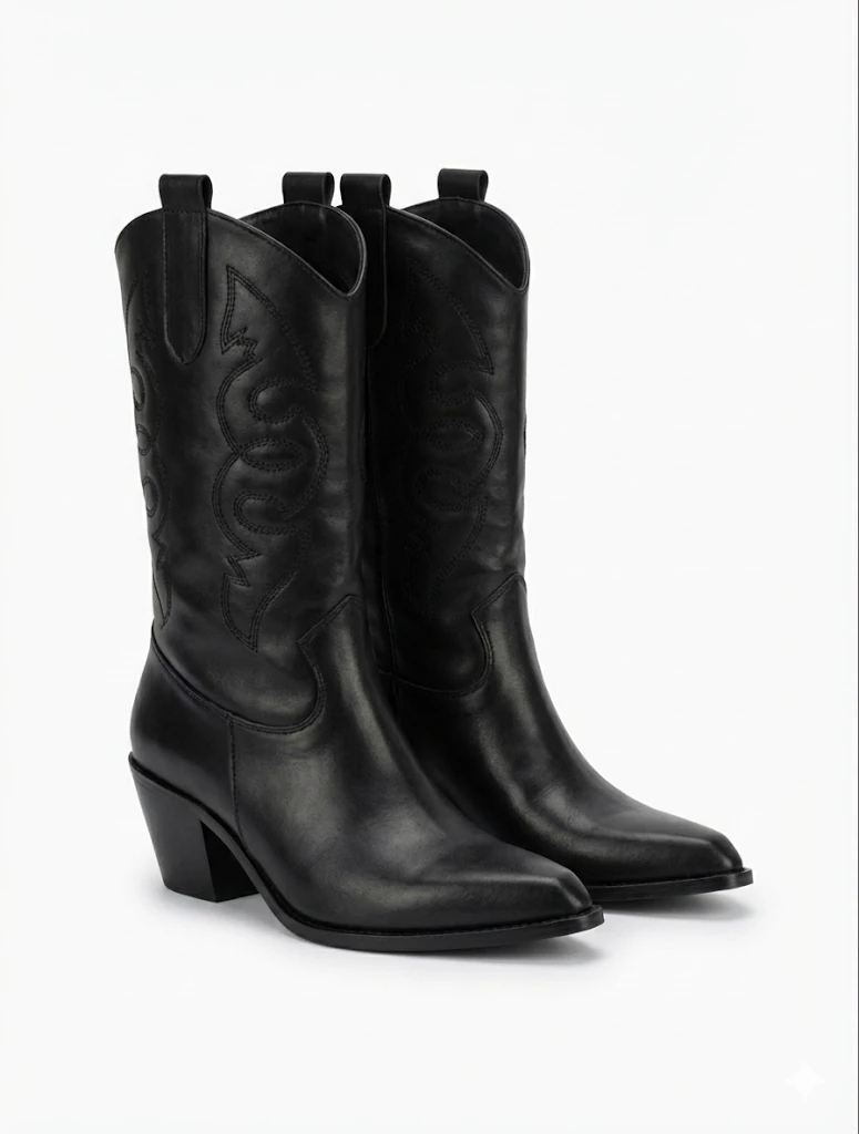 Lorvessa Nakışlı Kovboy Kadın Bot Bağcıklı Suni Süet Büyük Numara Western Şehir Stil - Siyah