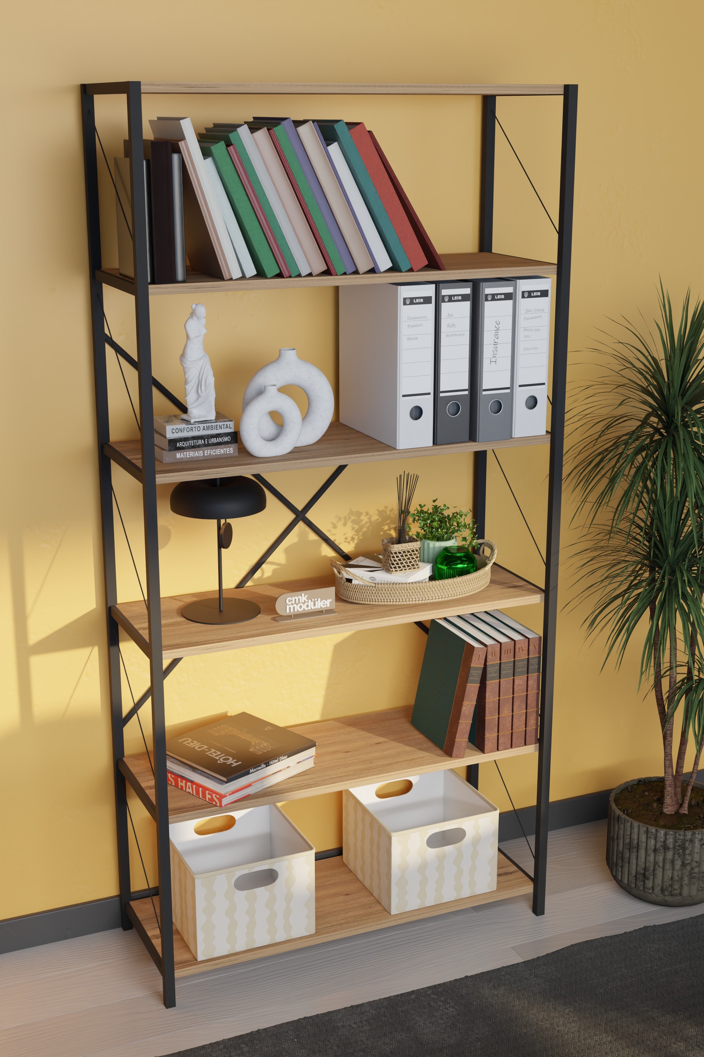 Dekoratif Metal Kitaplık 6 Raflı Kitaplı Dosya Rafı 180 Cm