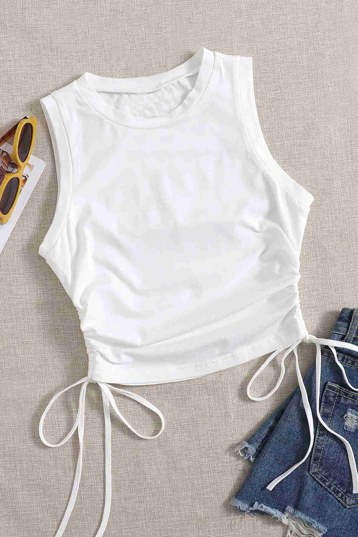 Merry See Yanları Büzgülü Kolsuz Bluz Crop Top Atlet Beyaz