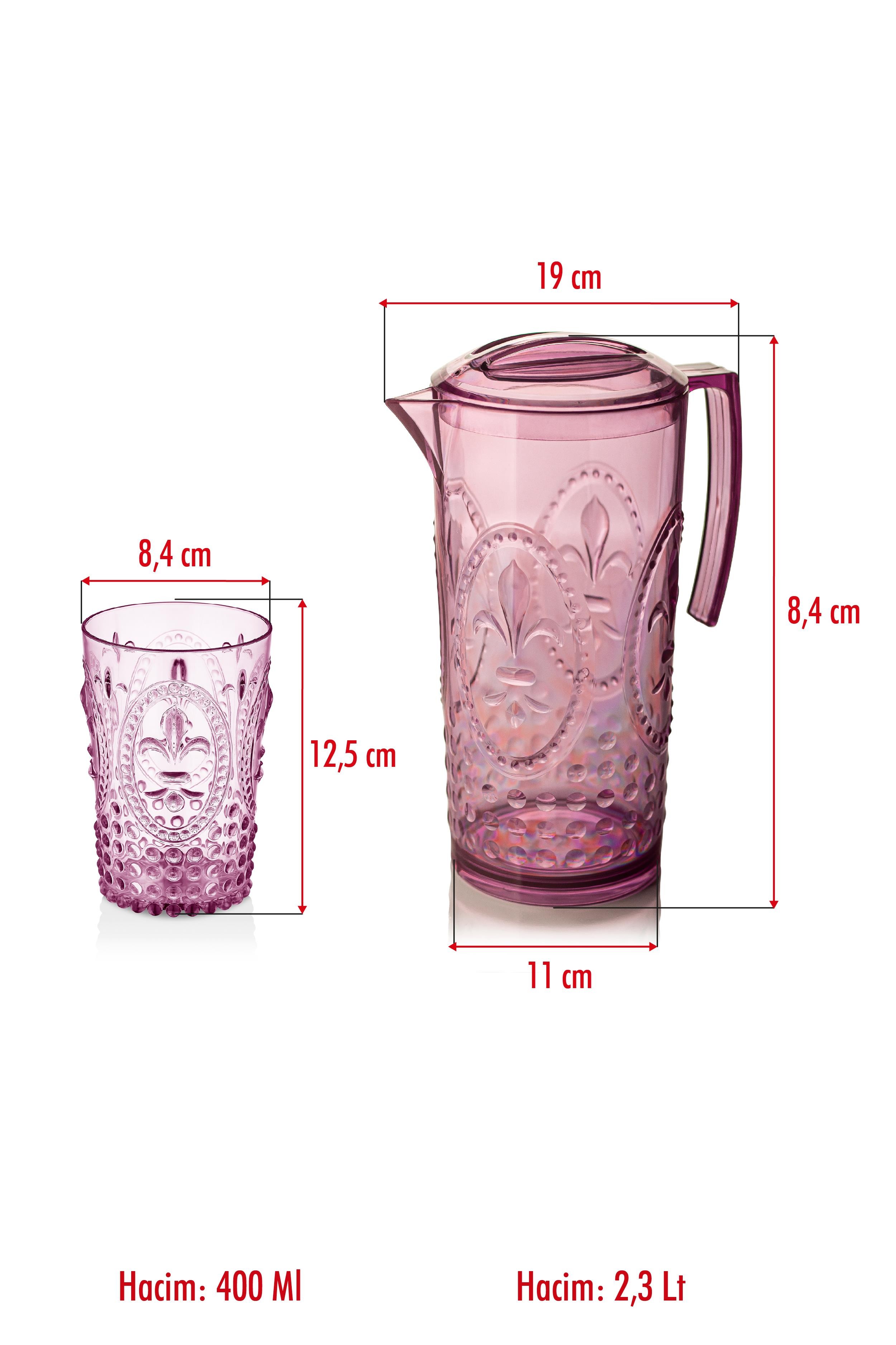 Akrilik Mürdüm Sürahi 2,3 lt Ve 6lı & Su Meşrubat Kahve Yanı Bardağı 400 ml Seti ( Cam Değildir )