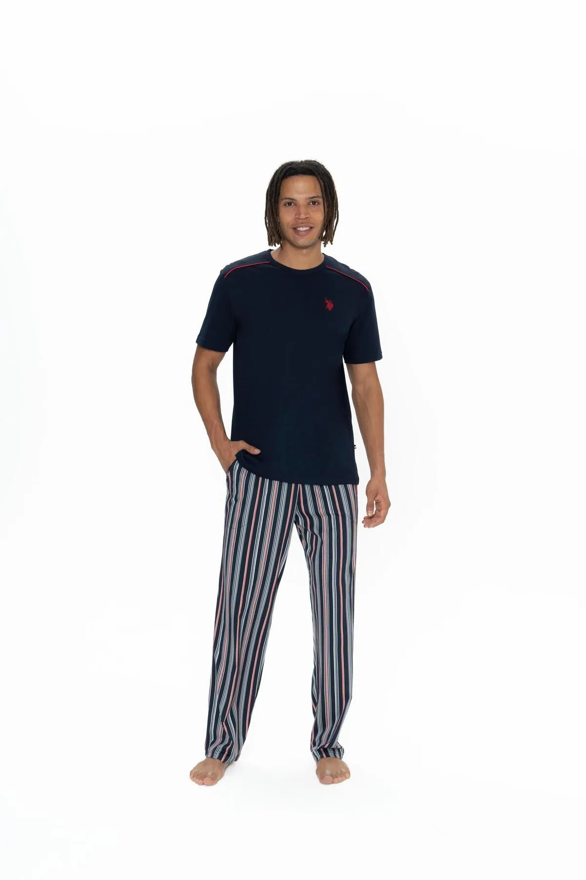 U.S. Polo Assn. Erkek %100 Pamuk 3'lü Çizgili Pijama Takım