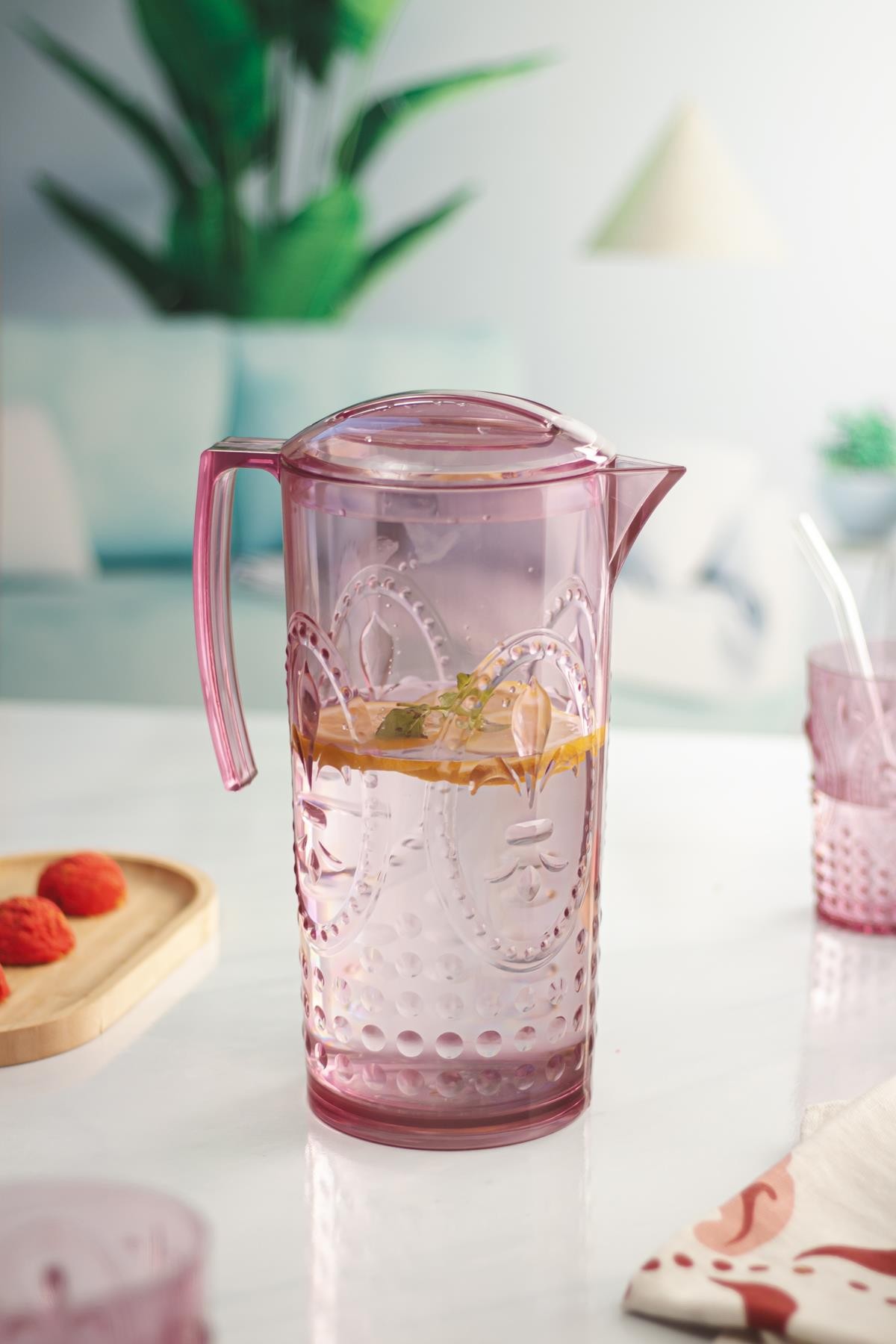 Akrilik Mürdüm Sürahi 2,3 lt Ve 6lı & Su Meşrubat Kahve Yanı Bardağı 400 ml Seti ( Cam Değildir )