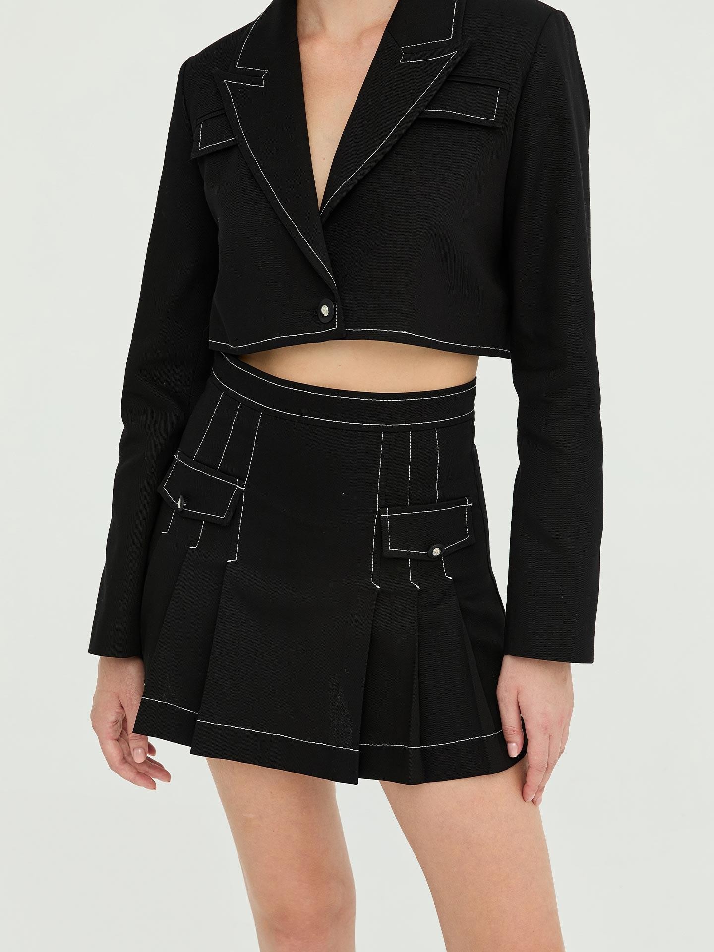 Gabardin Dikiş Detaylı Pileli Mini Etek Siyah