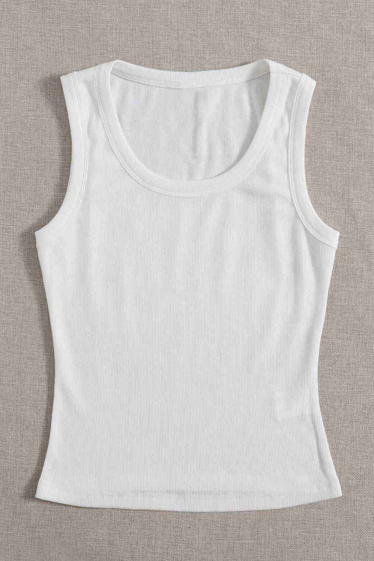 Merry See Düz Renk Kadın Kolsuz Bluz Crop Top Beyaz