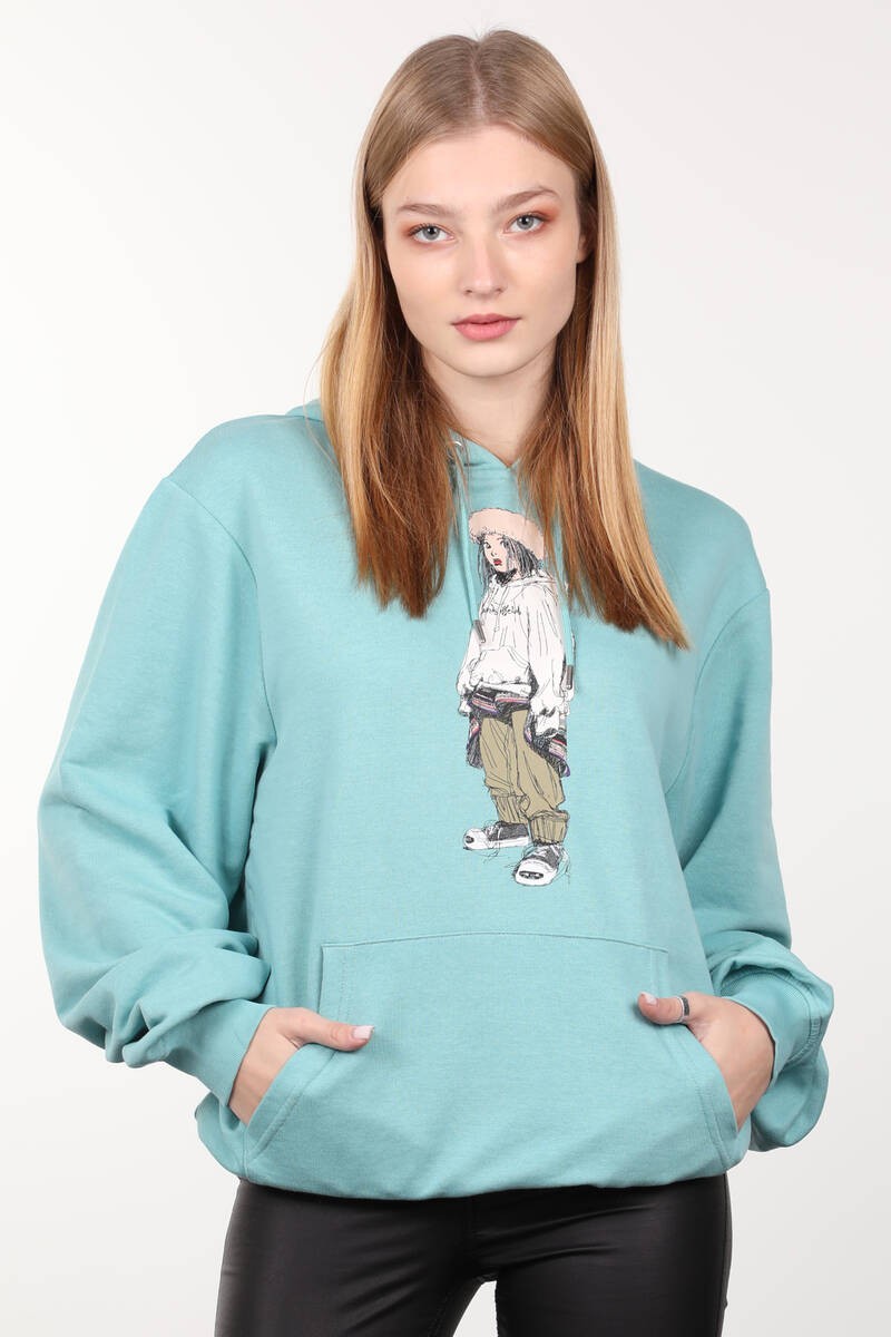 Buz Yeşili Baskılı Kapüşonlu Oversize Kadın Sweatshirt