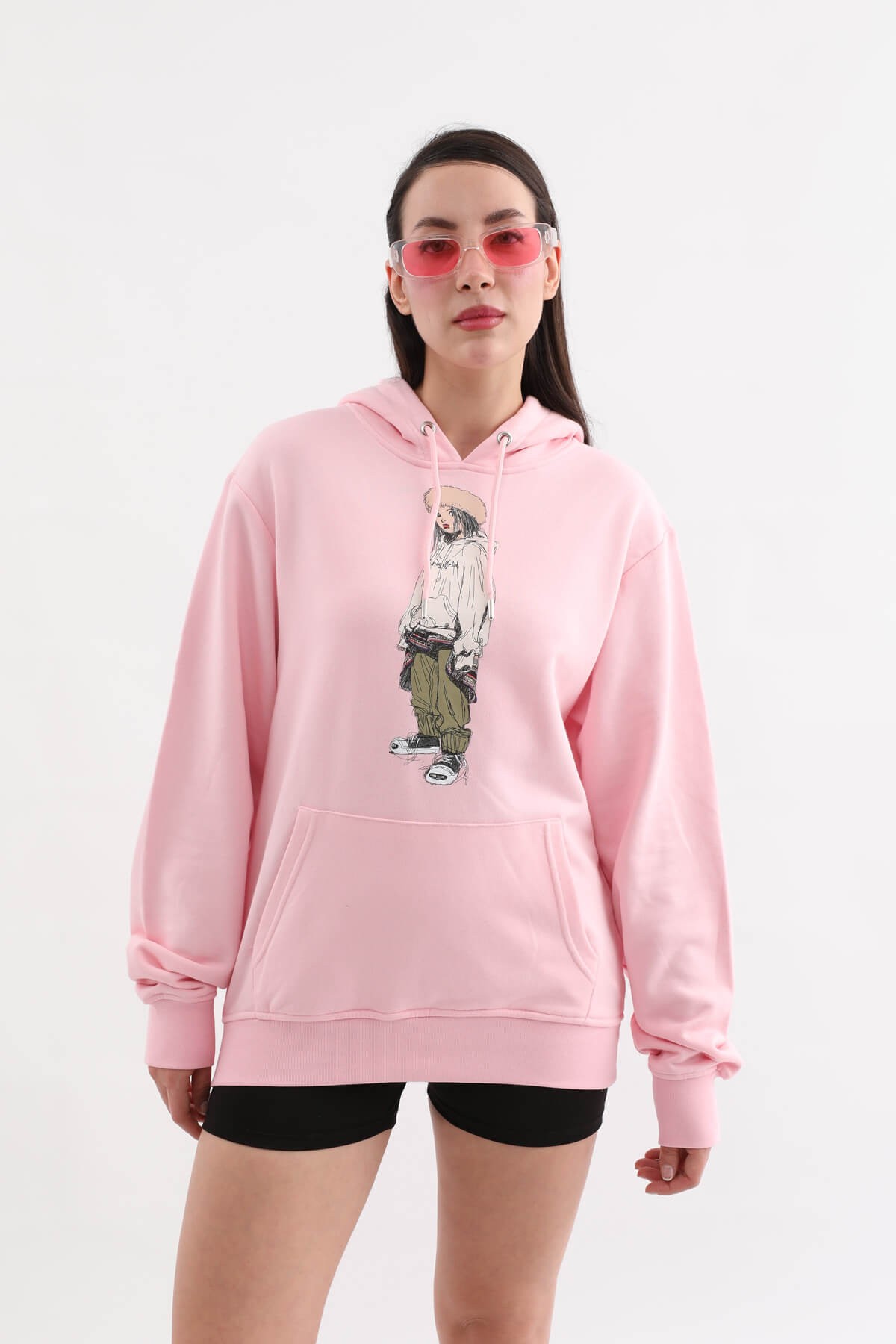 Pembe Baskılı Kapüşonlu Oversize Kadın Sweatshirt