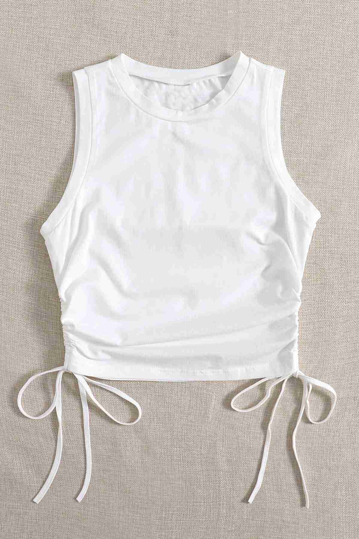 Merry See Yanları Büzgülü Kolsuz Bluz Crop Top Atlet Beyaz