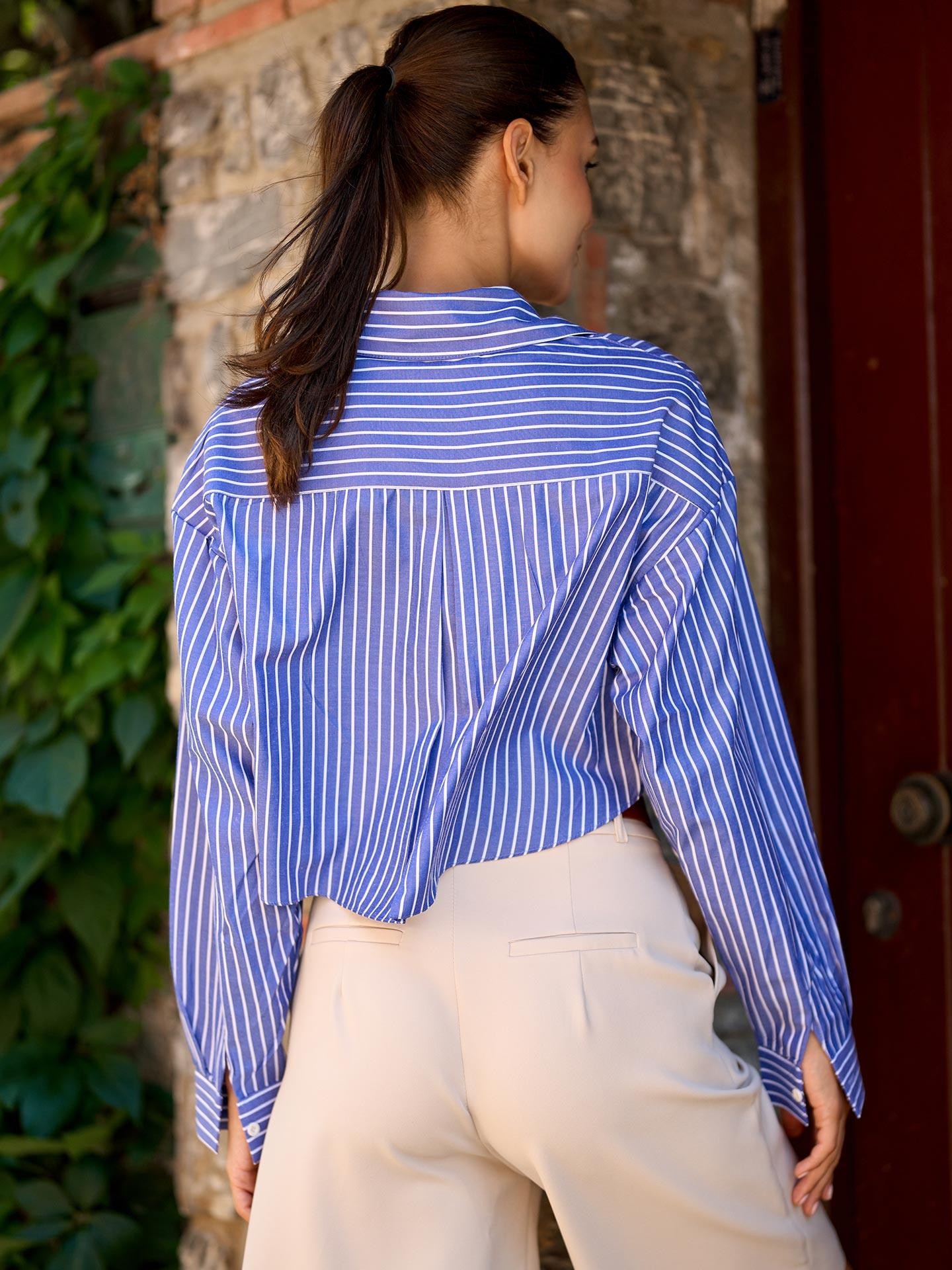 Çizgi Desen Poplin Crop Gömlek Mavi