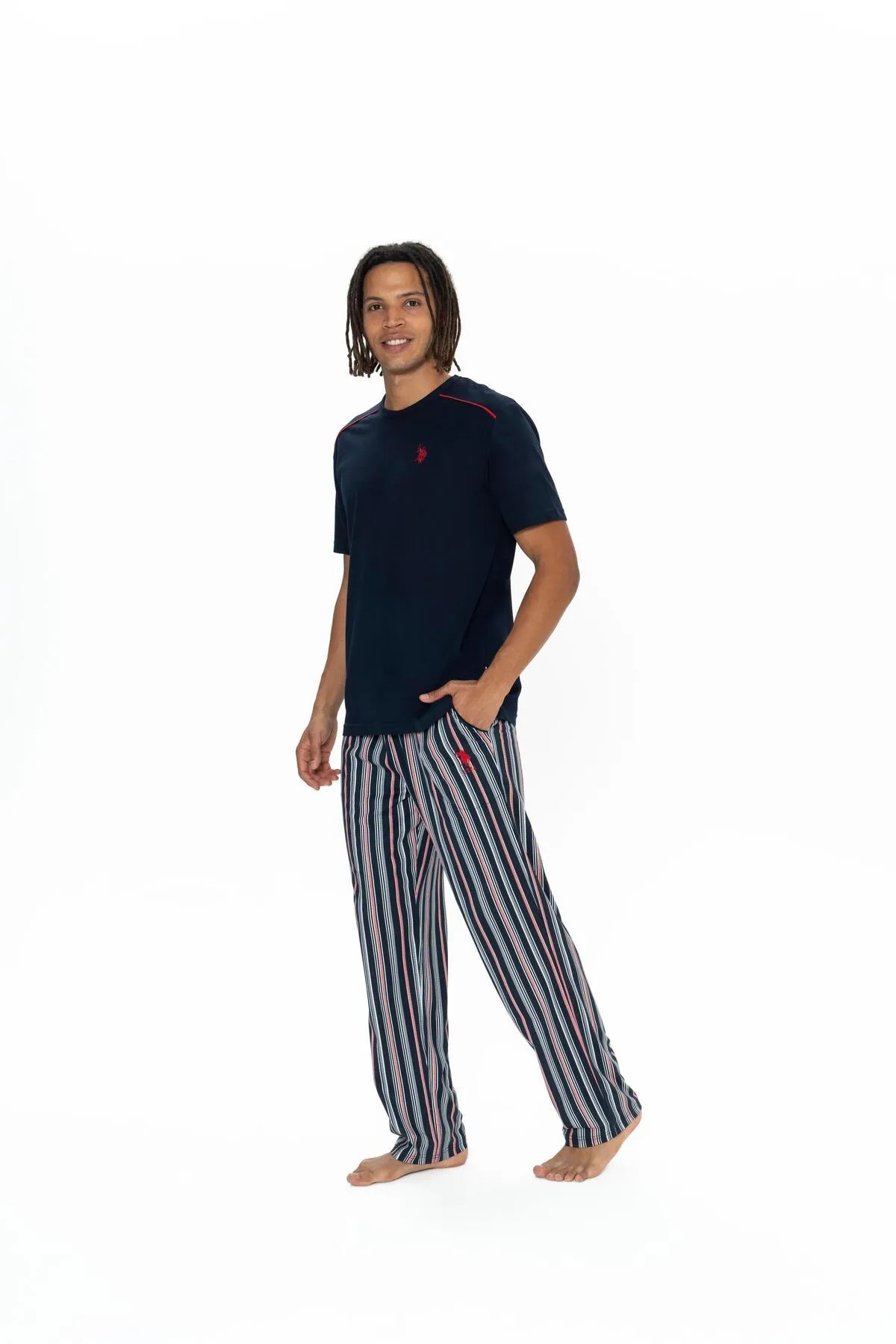 U.S. Polo Assn. Erkek %100 Pamuk 3'lü Çizgili Pijama Takım