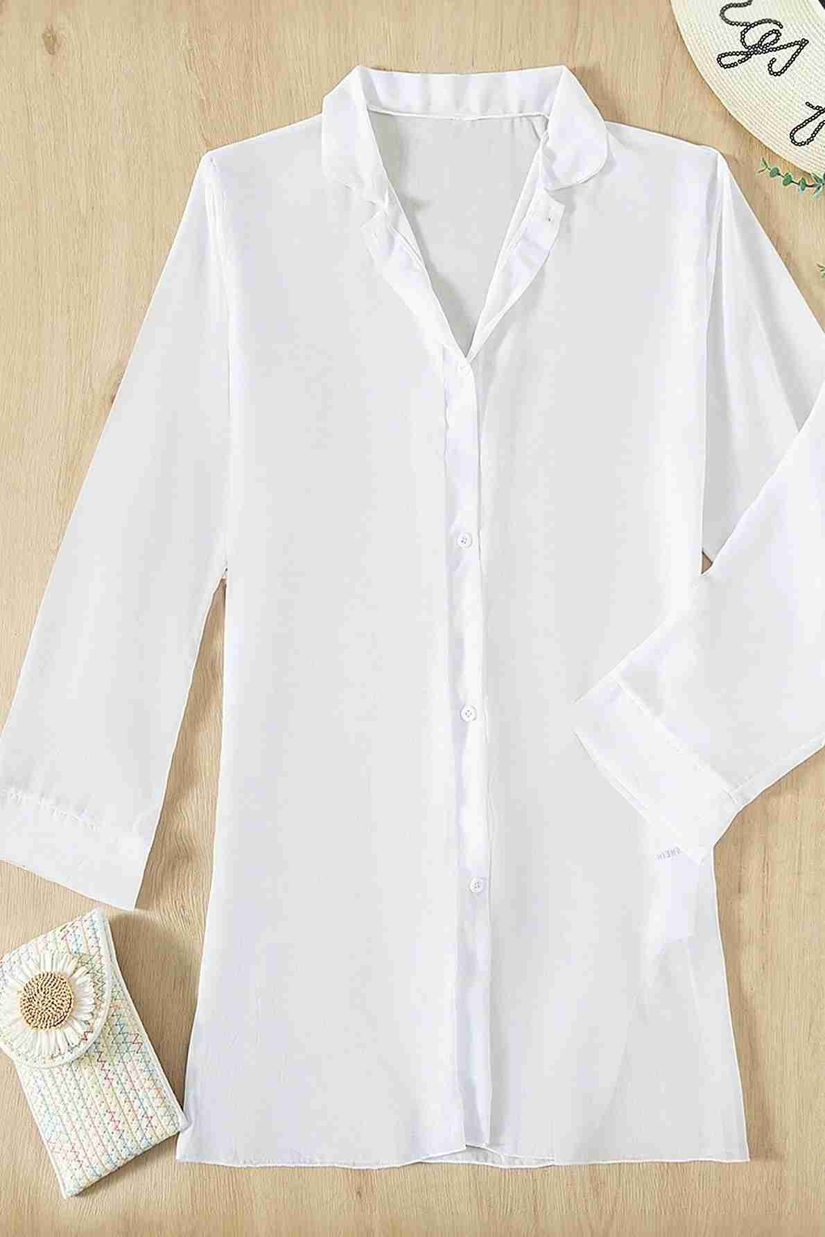 Angelsin Şifon Gömlek Plaj Elbisesi Pareo Kimono Kaftan Beyaz