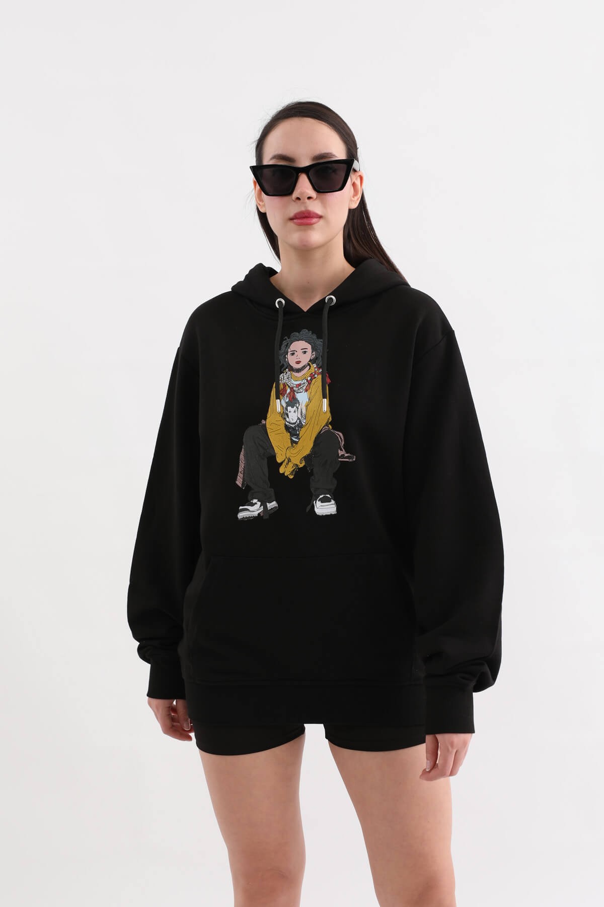 Siyah Baskılı Kapüşonlu Oversize Kadın Sweatshirt