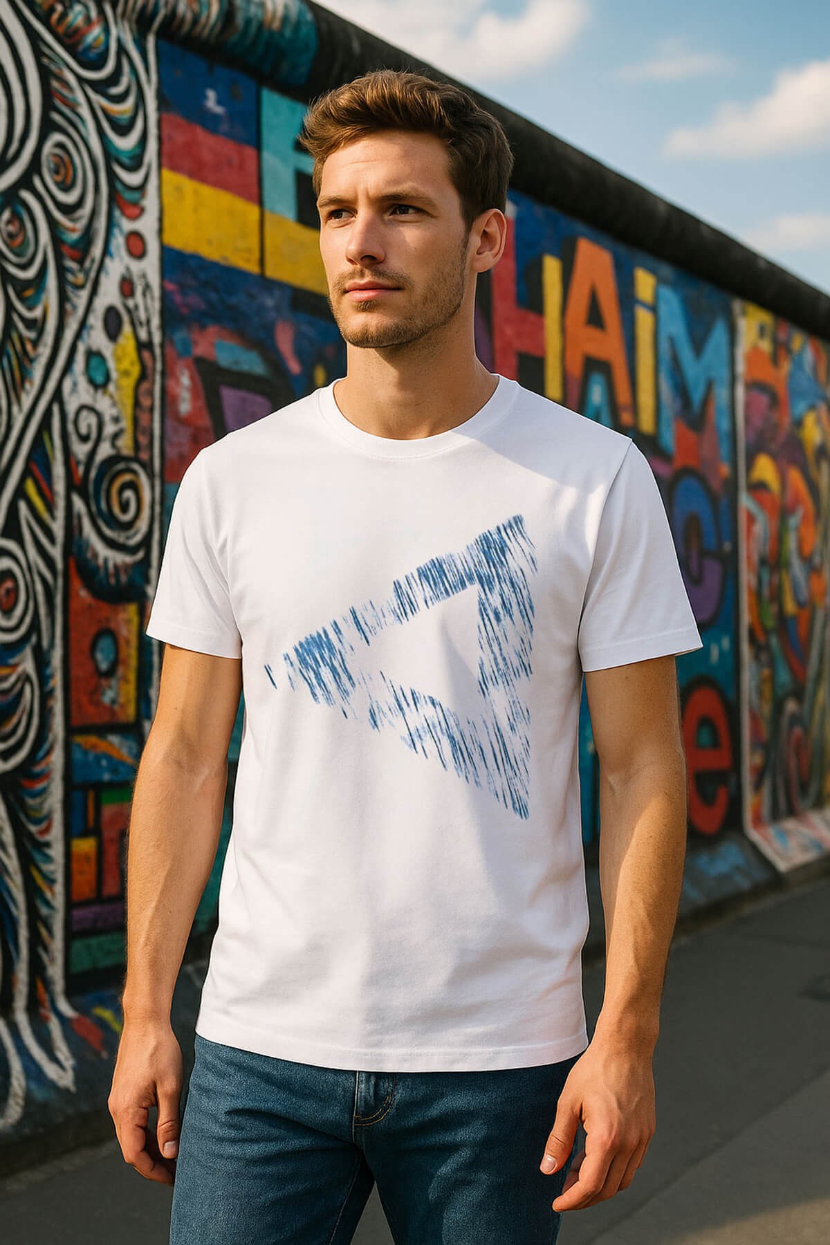 Erkek Rahat Kesim Bisiklet Yaka Baskılı Beyaz T-shirt