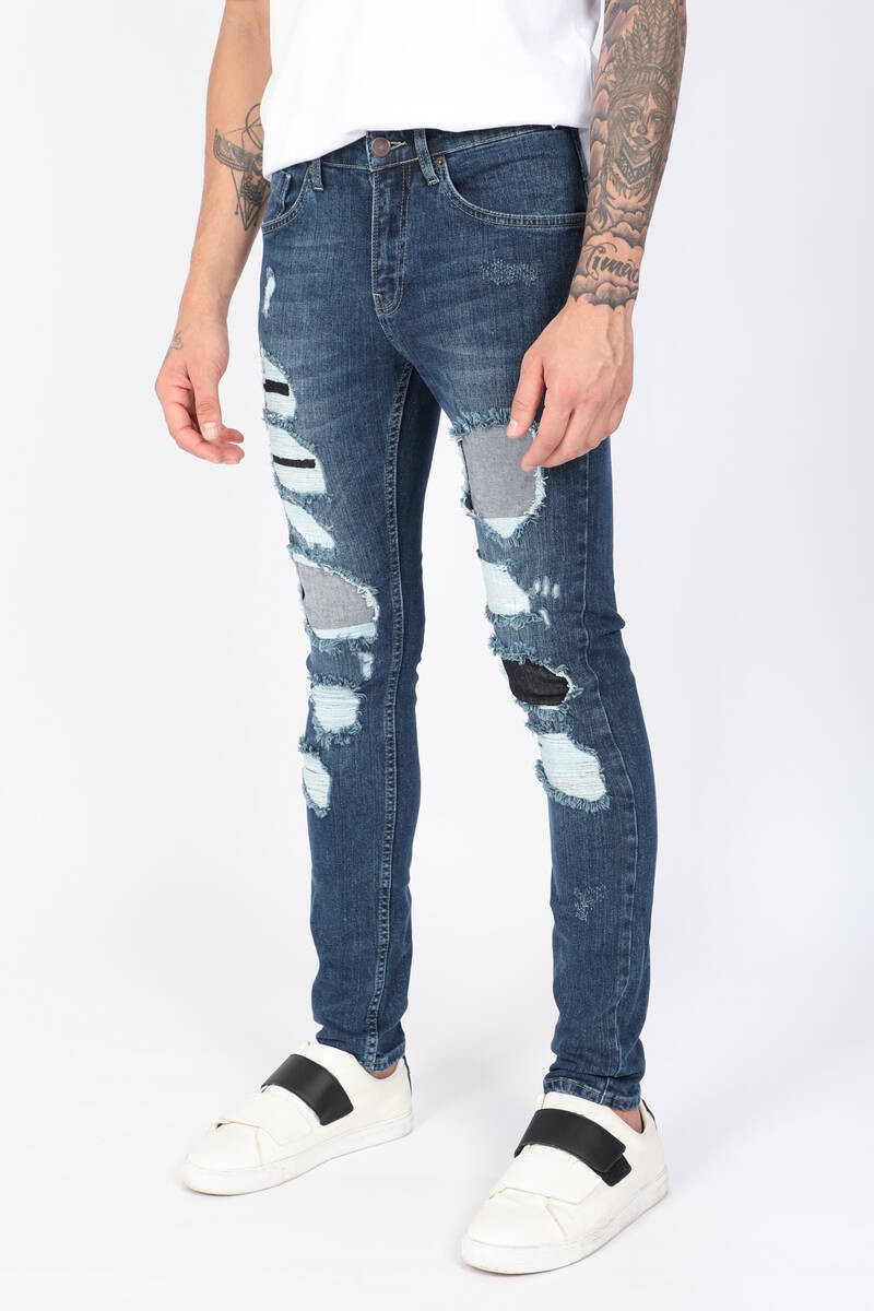 Erkek Patch Detaylı Slim Fit Jean Pantolon Koyu Mavi