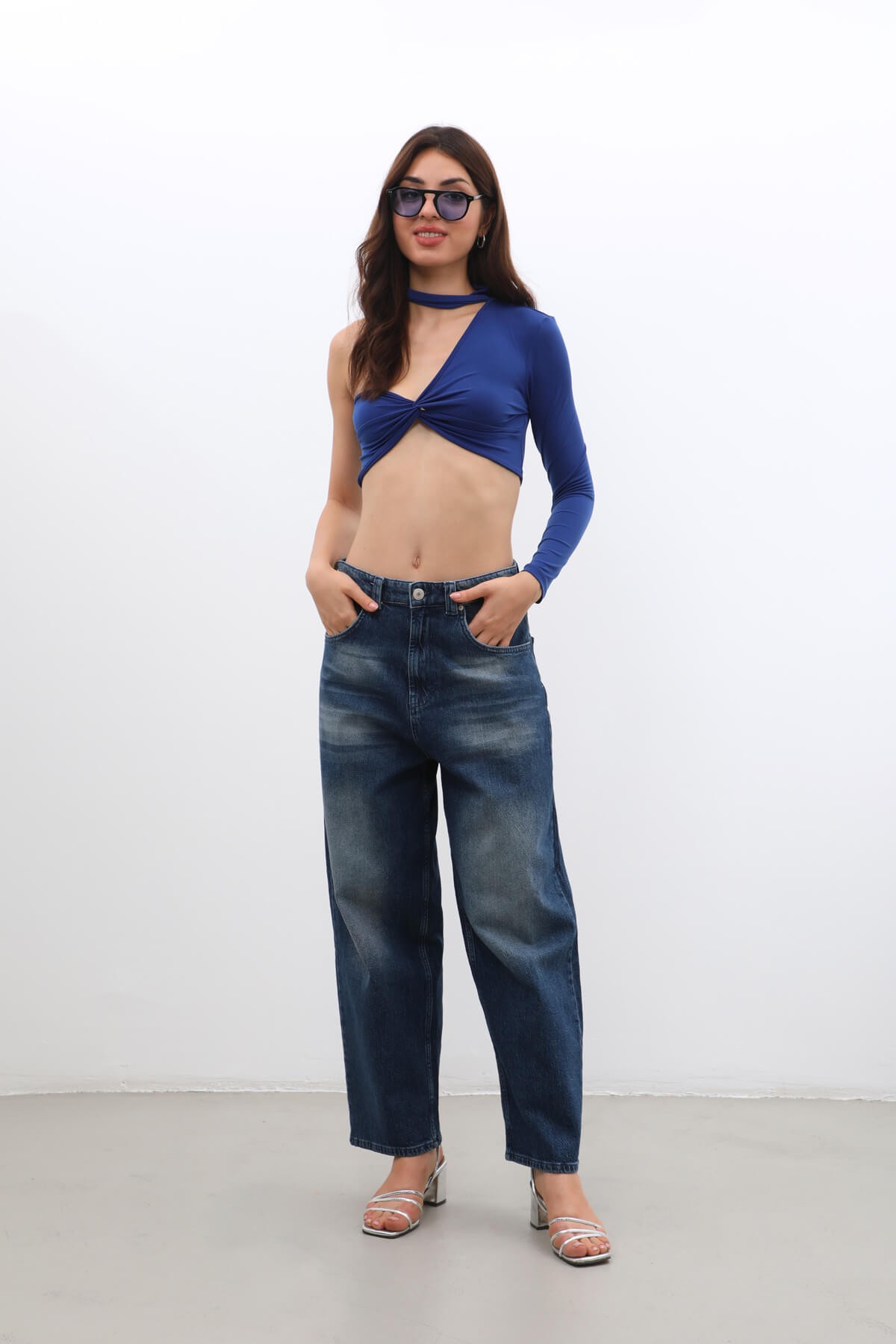 Kadın Yüksek Bel Skater Fit Jean Pantolon Lacivert