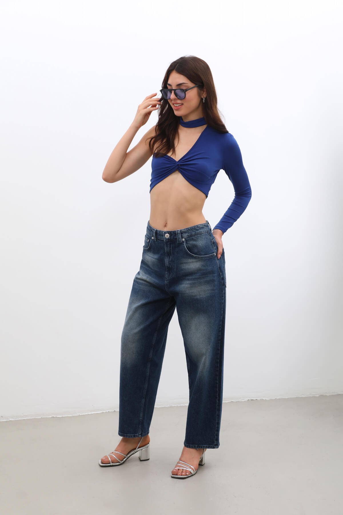 Kadın Yüksek Bel Skater Fit Jean Pantolon Lacivert