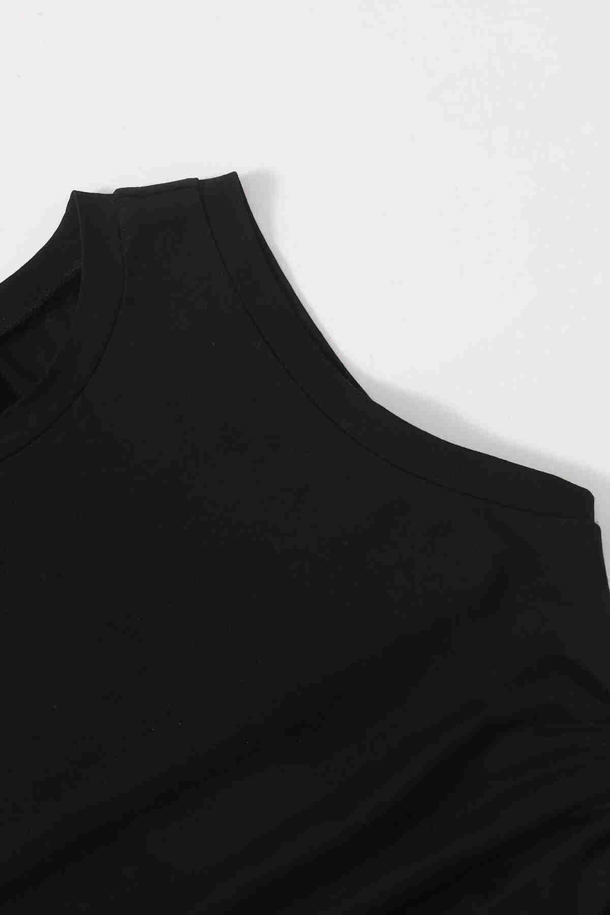 Merry See Yanları Büzgülü Kolsuz Bluz Crop Top Atlet Siyah