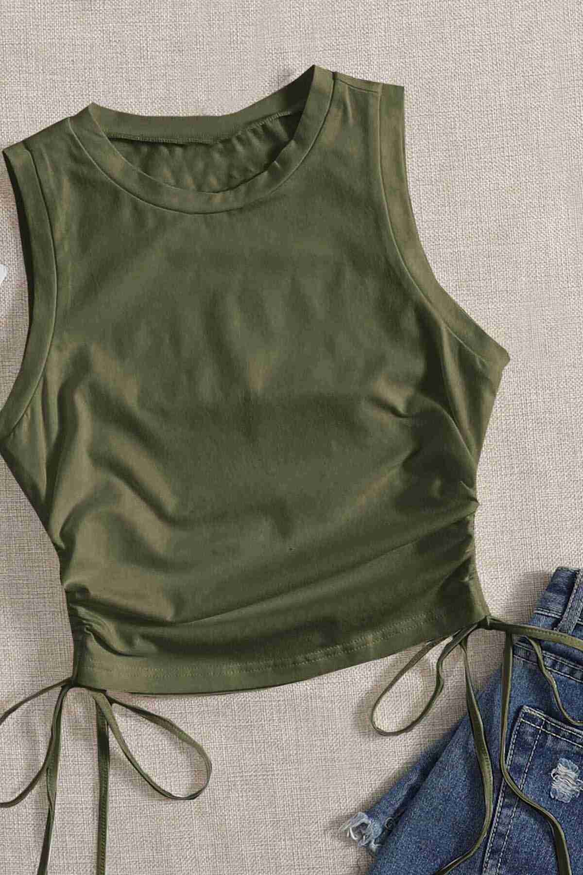 Merry See Yanları Büzgülü Kolsuz Bluz Crop Top Atlet Yeşil