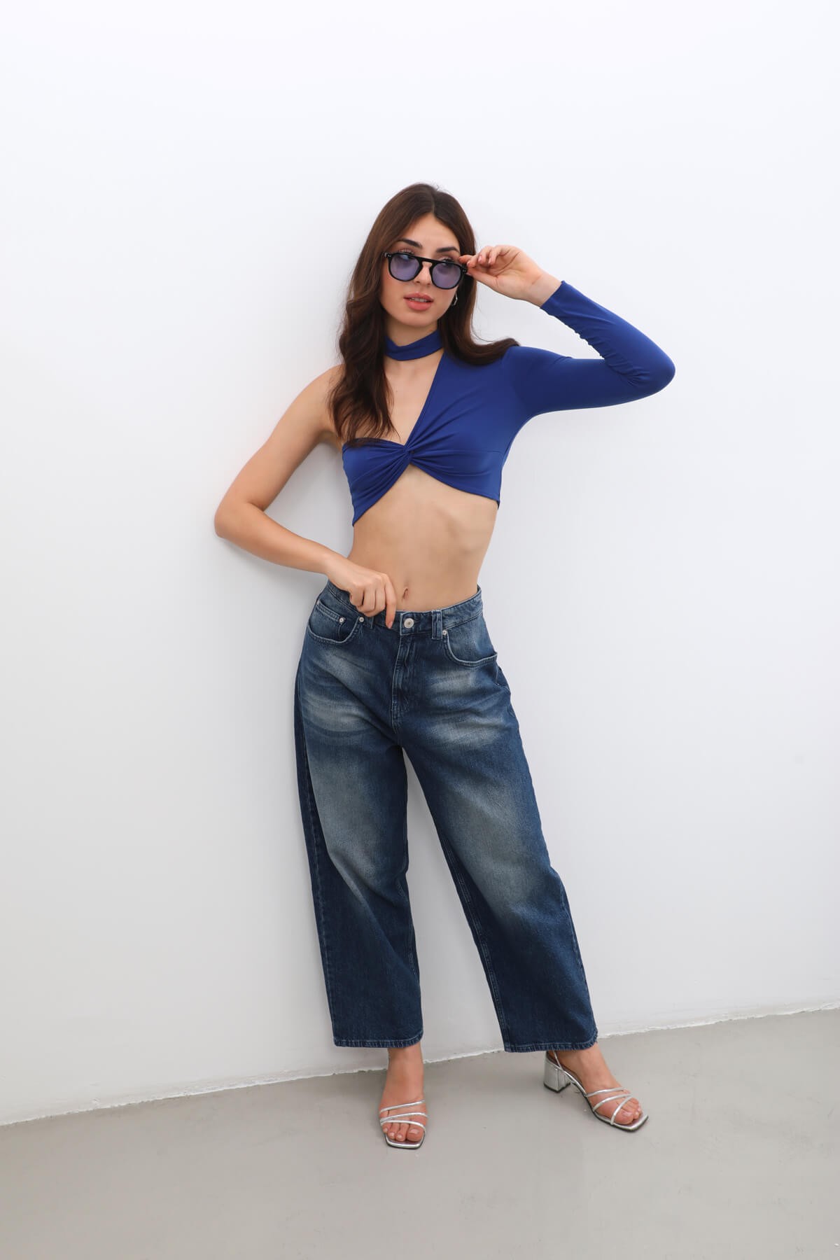 Kadın Yüksek Bel Skater Fit Jean Pantolon Lacivert