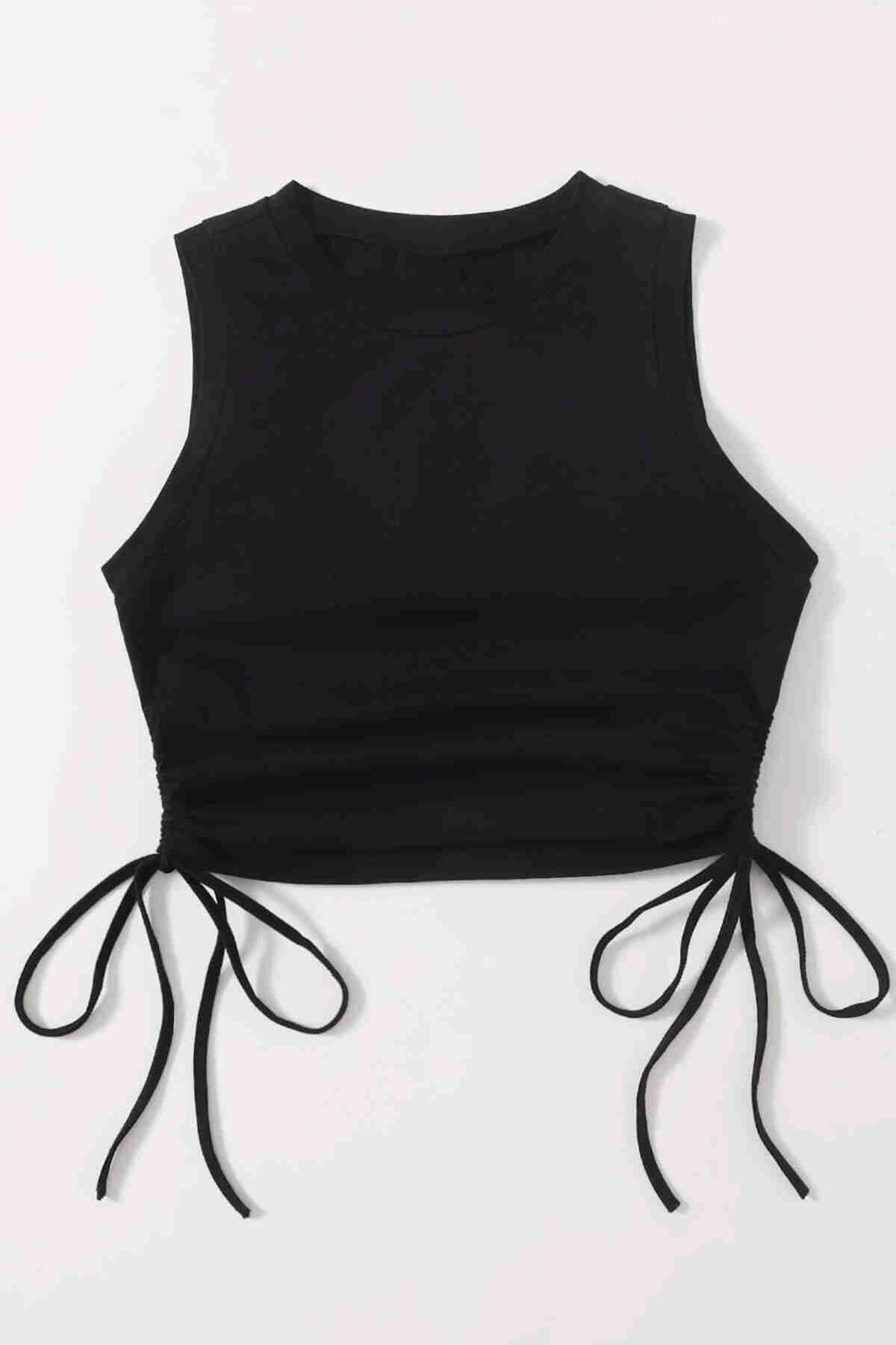 Merry See Yanları Büzgülü Kolsuz Bluz Crop Top Atlet Siyah