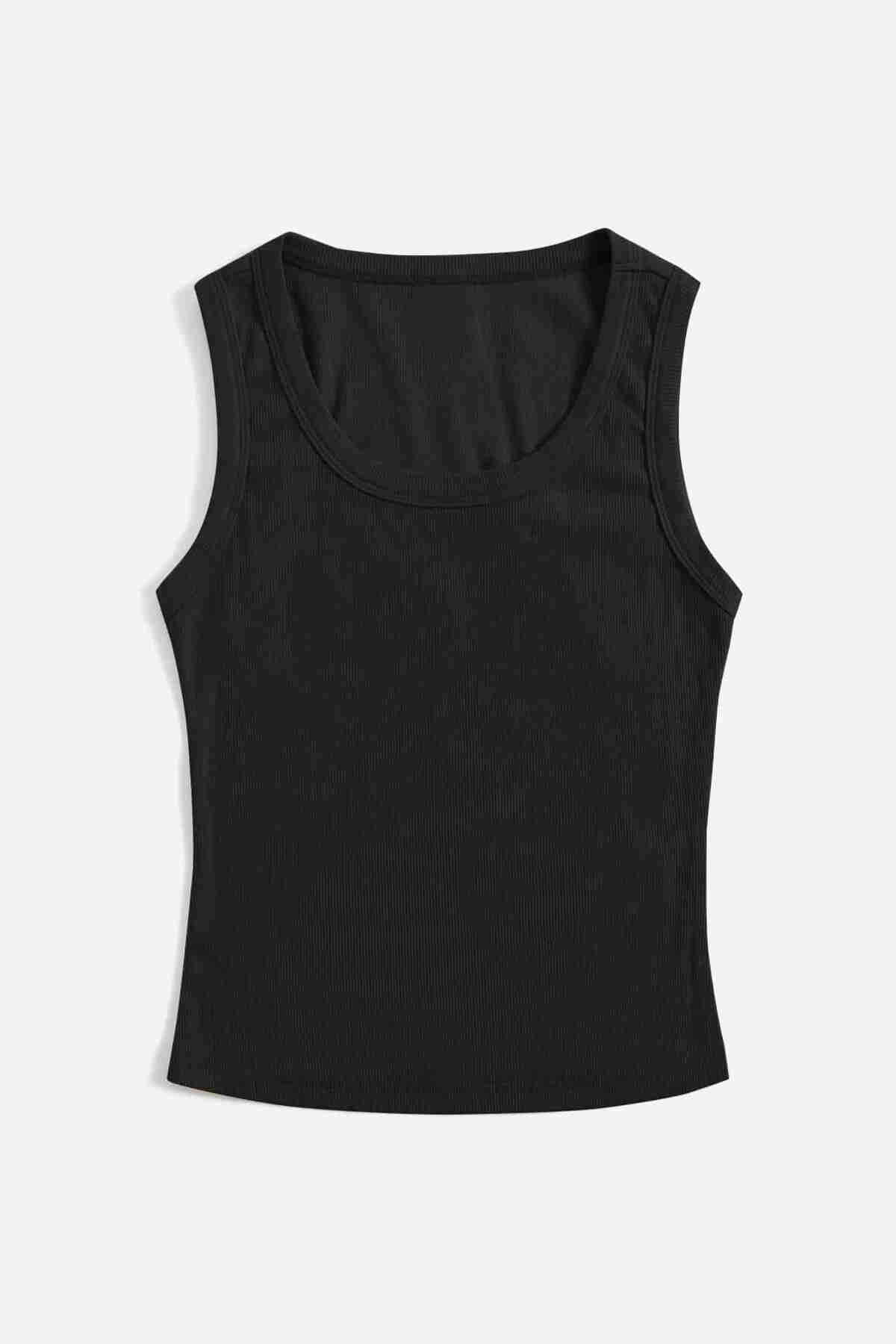 Merry See Düz Renk Kadın Kolsuz Bluz Crop Top Siyah