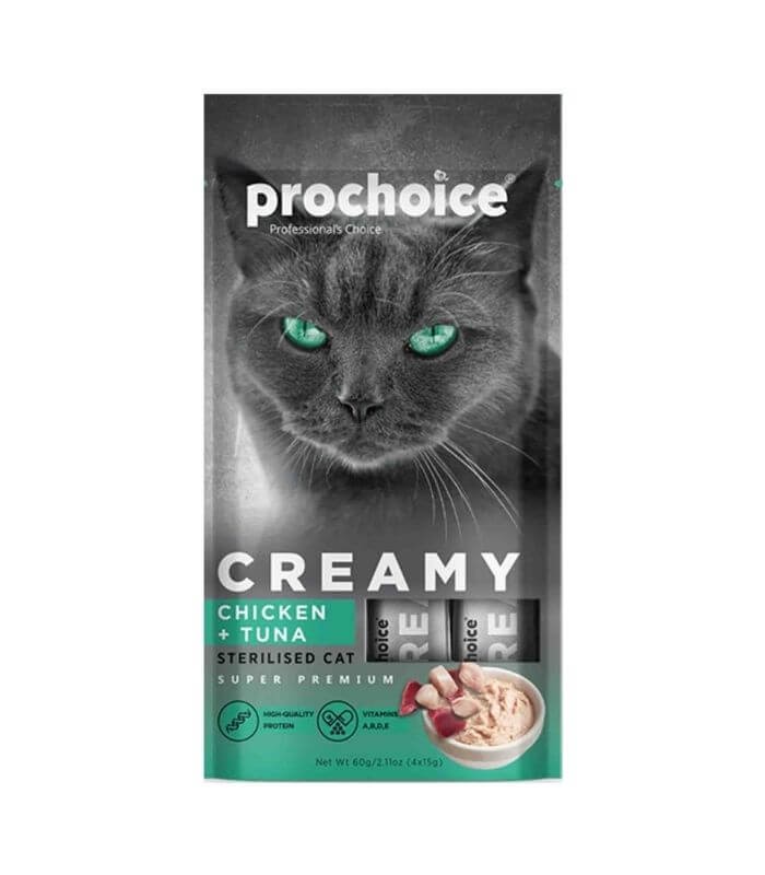 Prochoice Creamy Tuna Balıklı ve Tavuklu Kıısırlaştırılmış Kediler İçin Sıvı Ödül Maması 15gr(4'lü)