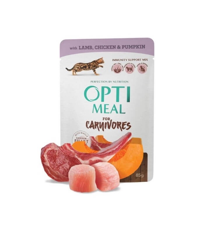 Optimeal Carnivores Kuzu Etli Tavuk Filetolu Balkabaklı Tahılsız Yetişkin Kedi Konservesi 85gr