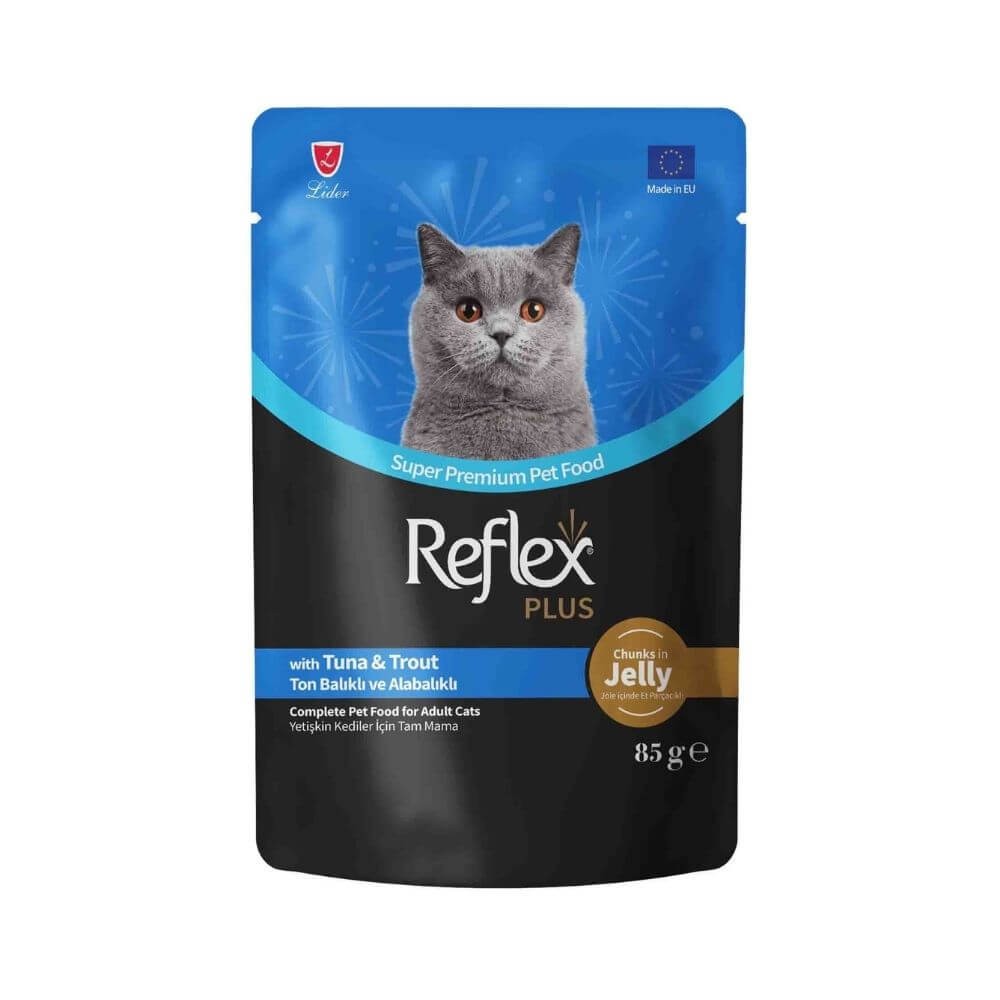 Reflex Plus Jöle İçinde Parça Ton Balıklı ve Alabalıklı Yetişkin Kedi Konservesi 85gr
