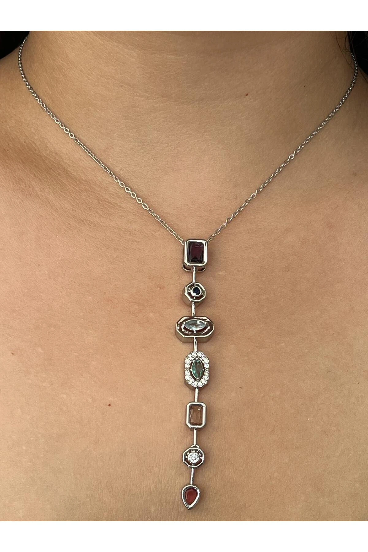 7 Element Renkli Çok Taşlı Y Modeli Çelik Kolye (GÜMÜŞ)
