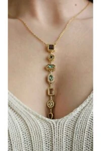 7 Element Renkli Çok Taşlı Y Modeli Çelik Kolye (ALTIN)